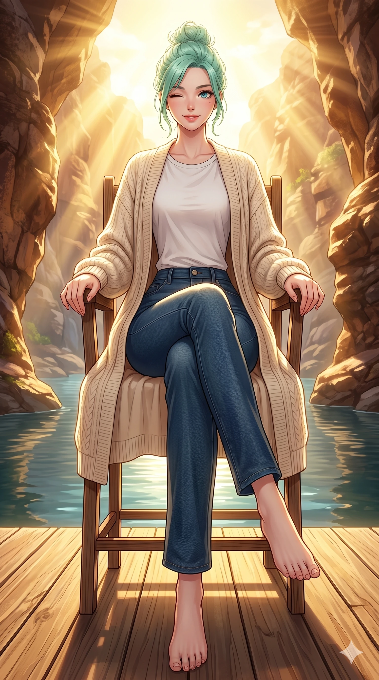 score_9, masterpiece, best quality, ultra-detailed, high-budget anime keyframe, vibrant anime aesthetic, Japanese woman. low angle full-body shot from head to toe showing her feet, filling the entire 9:16 vertical frame with her statuesque presence, stretching her vertical silhouette. She is sitting in a sunlit chair, winking with a cheerful and sensual half-smile on a wooden deck over a calm river pool inside a sunlit rocky canyon (Code-P20-035). She has an absolutely perfect 8-heads proportion, an exceptionally tall and slender female figure with impossibly long slender legs and an ultra-slim waist. V-shaped jawline, high-bridge nose, intricate jewel-like eyes with depth, thick eyelashes, glossy lips with a natural sheen. wearing a cozy long cardigan over a cotton tee and straight-leg denim. She is brilliant golden rays radiating from the spring sky, creating a warm glowing atmosphere. 2k, ultra detail, master piece, 9:16 ratio
