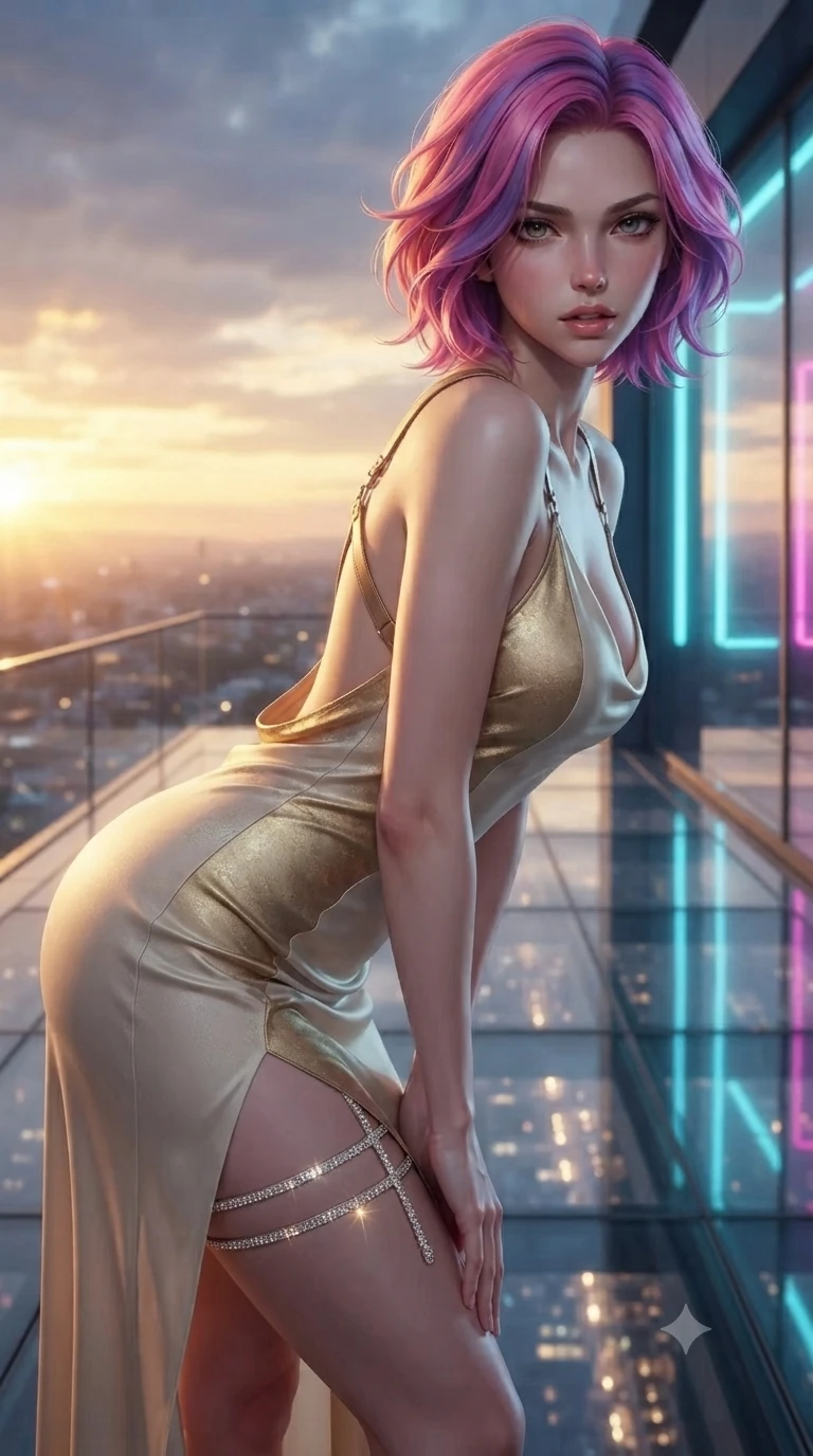 score_9, masterpiece, best quality, ultra-detailed, high-budget anime keyframe, editorial fashion photography, tasteful artistic composition, Caucasian woman. close-up cowboy shot from the waist and thighs up, the character dominates the composition, filling the frame with her large presence. leaning forward while arching her lower back to accentuate her curvy hips, looking into the camera with an intoxicating smoldering gaze and bedroom-eyes while twisting her slender torso in an alluring contrapposto stance, shimmering city light reflections tracing her narrow waist and curvy hips through the transparent floor. The surrounding environment is rendered in vivid detail and crisp panoramic clarity: detailed liquid-silk jersey evening dress tailoring, open-back leather harness straps, and monumental terrace engineering in razor-sharp precision. She has an exceptionally elegant, slender, and willowy female figure with an ultra-slim waist, flat toned midriff, narrow ribcage, and sculpted feminine hips creating an alluring, slim hourglass silhouette without bulk. sharp v-shaped jawline, high-bridge nose, intricate jewel-like sparkling eyes with depth, thick eyelashes, glossy parted lips with a natural sheen, intensely captivating and seductive bedroom-eyes expression, exuding both youthful cute charm and sovereign luxury allure, flawlessly proportioned anatomical accuracy, strict slender model proportions, natural body alignment, perfectly sculpted long slender limbs, ultra-slim waistline, clean dynamic posture without body distortion. wearing a form-contouring gossamer silk chiffon slip dress with a hip-high slit and open cowl back clinging with dewy moisture in Istrian stone cream and antique gold-leaf, woven from buttery-soft stretch lambskin leather adhering to her body like a second skin, finished with delicate crystal-encrusted thigh garter straps glinting in the dim light, the form-contouring cut accentuating her sculpted flat midriff, narrow delicate ribcage, and gracefully curvy hips with intoxicating allure. bathed in the dramatic dual twilight lighting: warm golden sunset rays from the heritage west and cool vibrant neon from the futuristic east. ultra-reflective glossy finish, specular highlights, rich textural contrasts, high-contrast stereoscopic depth, volumetric dynamic lighting, 2k, ultra detail, master piece, 9:16 ratio