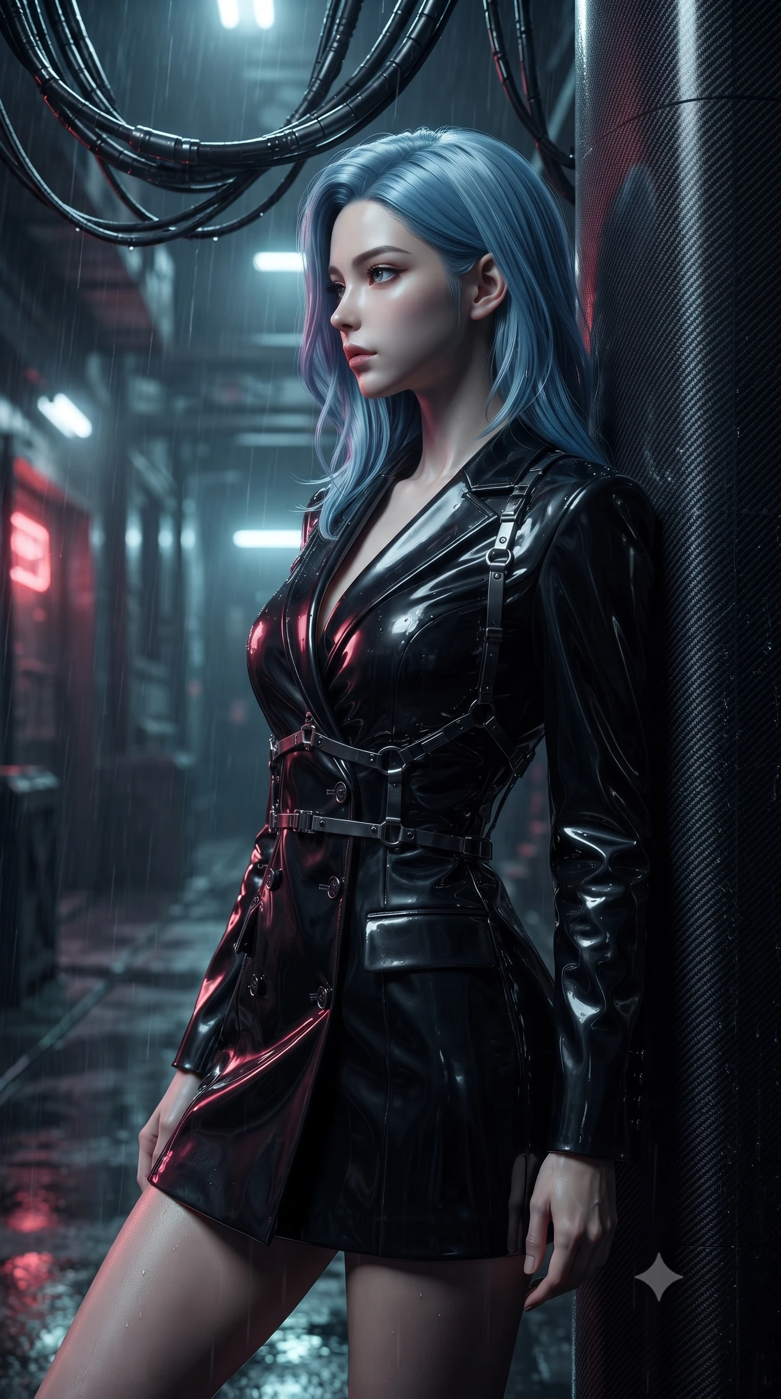 score_9, masterpiece, best quality, ultra-detailed, high-budget anime keyframe, editorial fashion photography, tasteful artistic composition, Korean woman. close-up cowboy shot from the waist and thighs up, the character dominates the composition, filling the frame with her large presence, background elements kept in soft focus. Turning her face in sharp dramatic profile against the moody key light, resting against a dark carbon-fiber pillar in a rain-soaked industrial corridor, dark metallic cybernetic cables hanging ominously overhead. She has an exceptionally elegant, slender, and willowy female figure with an ultra-slim waist, a gracefully sculpted slender torso, and a refined silhouette. sharp v-shaped jawline, high-bridge nose, intricate jewel-like eyes with depth, thick eyelashes, glossy lips with a natural sheen. wearing tailored double-breasted obsidian blazer dress in smoky pitch black, made of high-gloss liquid vinyl, highlighted by a gunmetal metallic harness structure, accentuating her gracefully sculpted slender torso. bathed in high-contrast wet neon reflections and deep pitch-black shadows. ultra-reflective glossy finish, specular highlights, metallic sheen, high-contrast stereoscopic depth, volumetric dynamic lighting, 2k, ultra detail, master piece, 9:16 ratio