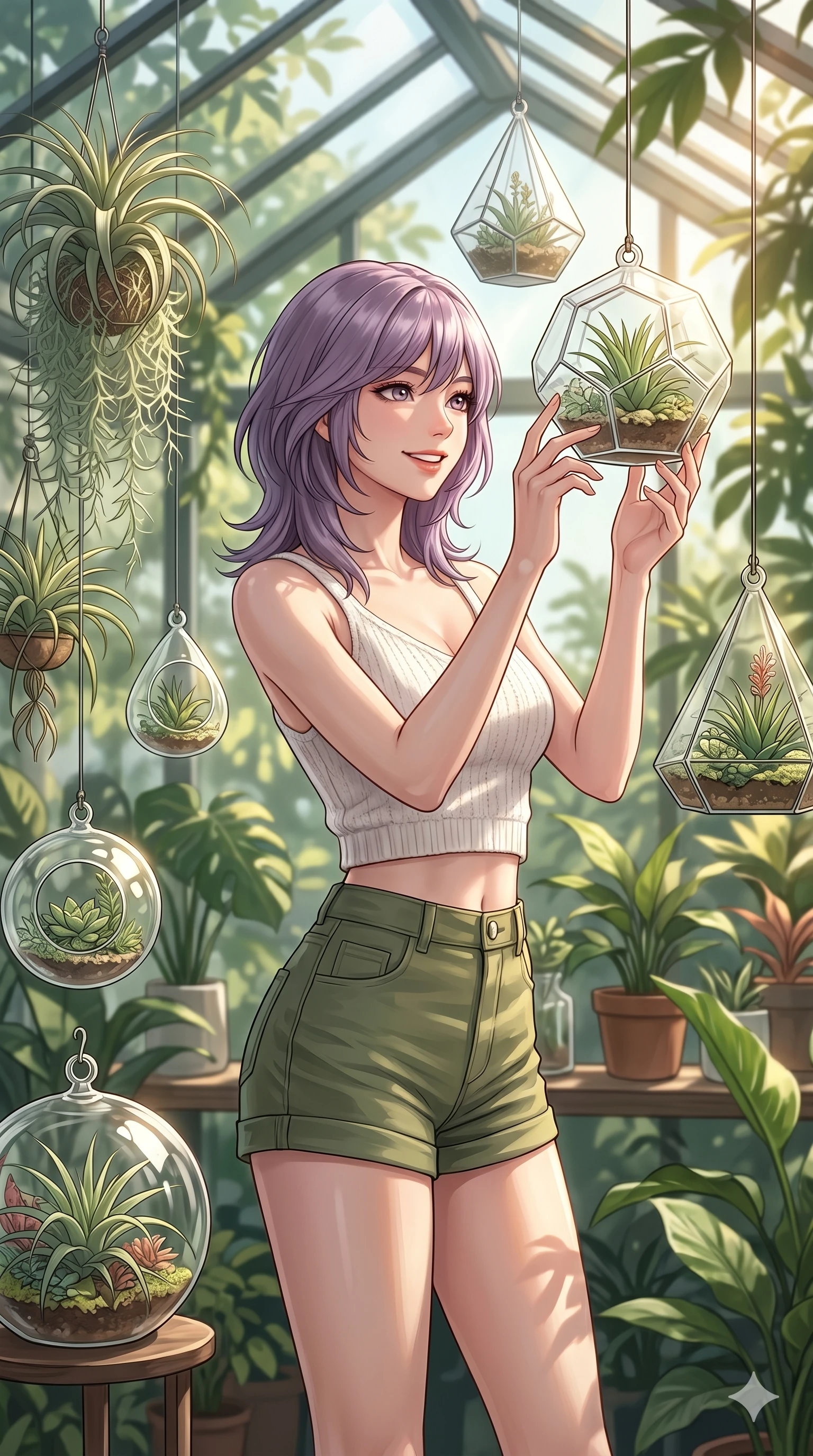 score_9, masterpiece, best quality, ultra-detailed, high-budget anime keyframe, editorial fashion photography, tasteful artistic composition, Japanese woman. cowboy shot from the thighs up, character and outfit filling the frame for maximum editorial presence. adjusting a hanging glass orb with a bright, focused smile and cheerful eyes inside a greenhouse filled with hanging air plants and glass terrariums. She has an absolutely perfect 8-heads proportion, an exceptionally tall and slender female figure with impossibly long slender legs and an ultra-slim waist. V-shaped jawline, high-bridge nose, intricate jewel-like eyes with depth, thick eyelashes, glossy lips with a natural sheen. wearing a white knit crop top showing her elegant clavicle lines and high-waisted green shorts. drenched in warm midday sunshine that creates soft organic shadows from the air plants. 2k, ultra detail, master piece, 9:16 ratio