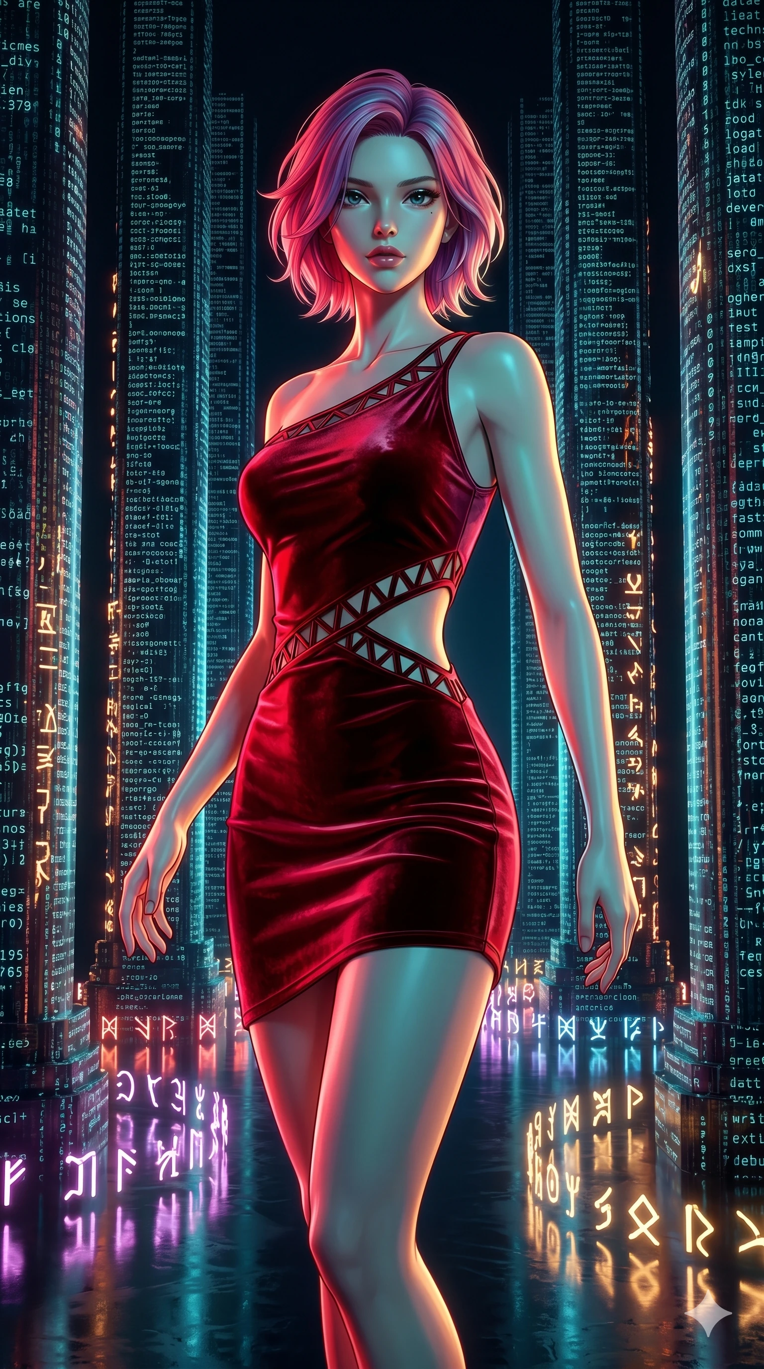 score_9, masterpiece, best quality, ultra-detailed, high-budget anime keyframe, editorial fashion photography, tasteful artistic composition, Japanese woman. upper body close-up from the thighs up, character filling the screen for maximum presence. twisting her body around through a digital cathedral with towering pillars made of cascading cyber-code as glowing runes and symbols fade in and out on the ground. She has an absolutely perfect 8-heads proportion, an exceptionally tall and slender female figure with impossibly long slender legs and an ultra-slim waist. V-shaped jawline, high-bridge nose, intricate jewel-like eyes with depth, thick eyelashes, glossy lips with a natural sheen.. wearing an asymmetric liquid velvet slip dress, featuring a wet-look deep crimson red velvet one-shoulder mini slip with asymmetric geometric cutout trim. lit by high-contrast neon strobes that carve out her dynamic posture and V-shaped jawline. 2k, ultra detail, master piece, 9:16 ratio