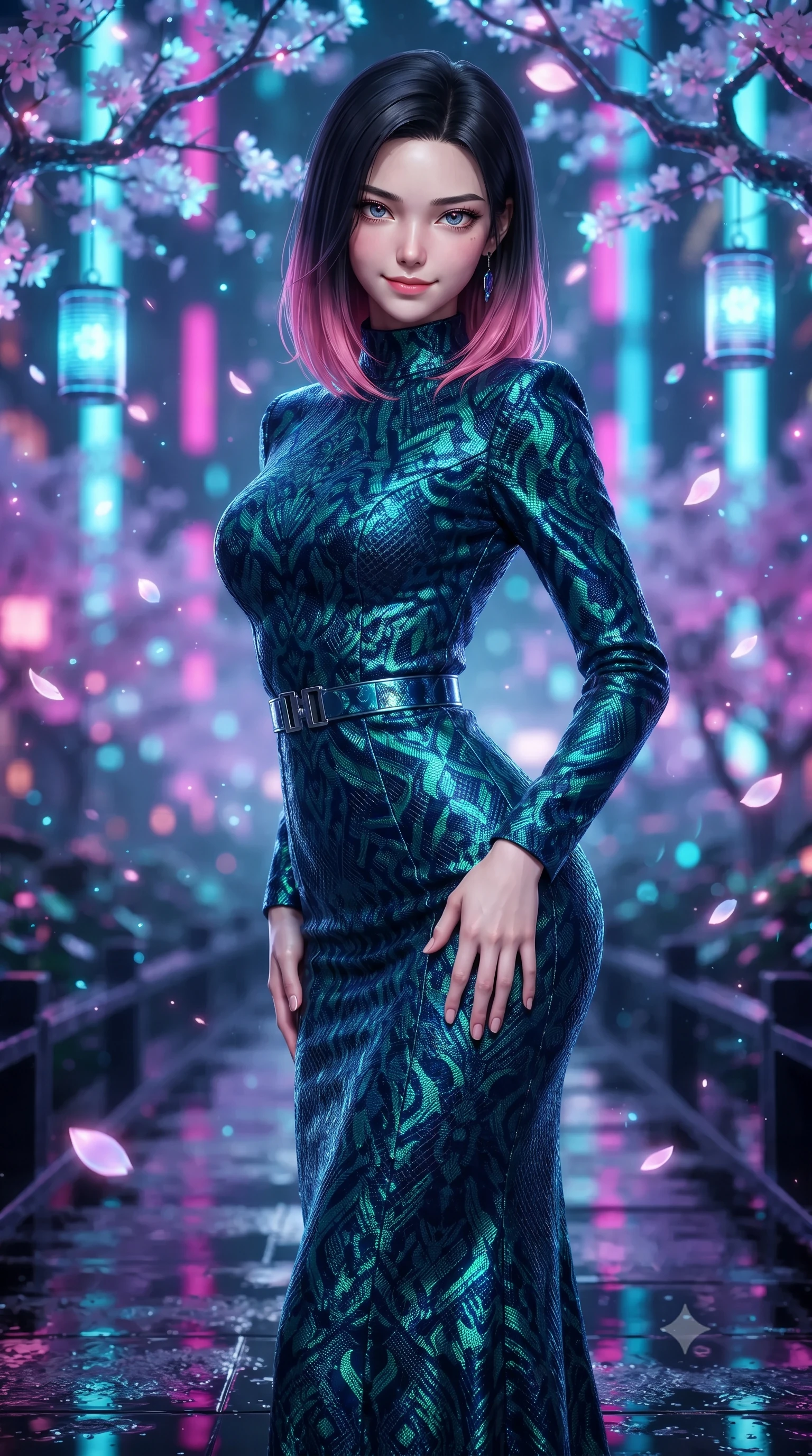score_9, masterpiece, best quality, ultra-detailed, high-budget anime keyframe, editorial fashion photography, tasteful artistic composition, Korean woman. close-up cowboy shot from the waist and thighs up, the character dominates the composition, filling the frame with her large presence. tilting her head with a teasing half-smile, running one hand slowly down the side of her hip in a flirtatious S-curve as ambient light caresses her silhouette while standing poised on the wet black obsidian pathway beneath bioluminescent glass sakura branches, arching her lower back with sovereign supermodel grace as glowing petal holograms drift through the air. The background shows a soft-focus floating bioluminescent pink sakura petals, glowing holographic lanterns, and vertical neon sky-freeway ribbons blurred into fuchsia, cyan, and amethyst bokeh. She has an exceptionally elegant, slender, and willowy female figure with an ultra-slim waist, flat toned midriff, narrow ribcage, and sculpted feminine hips creating an alluring, slim hourglass silhouette without bulk. sharp v-shaped jawline, high-bridge nose, intricate jewel-like sparkling eyes with depth, thick eyelashes, glossy parted lips with a natural peach sheen, bright cheerful beaming smile with an enchanting and coquettish sensual glint, exuding both youthful cute charm and seductive allure, flawlessly proportioned anatomical accuracy, strict slender model proportions, natural body alignment, perfectly sculpted long slender limbs, ultra-slim waistline, clean dynamic posture without body distortion. wearing a refined long-sleeve cyber-velvet column gown with modest jewel neckline and metallic belt in abyssal ocean sapphire and bioluminescent emerald, woven from structured carbon-fiber jacquard with rich textural depth, finished with sleek magnetic buckle closures fluttering in the breeze, the bespoke structured tailoring following the natural line of her 8.5-heads silhouette with refined elegance. illuminated by floor pool reflection bounce and sharp laser-cyan rim lights sculpting her razor-sharp jawline, narrow waist, and curvy hips. ultra-reflective glossy finish, specular highlights, rich textural contrasts, high-contrast stereoscopic depth, volumetric dynamic lighting, 2k, ultra detail, master piece, 9:16 ratio
