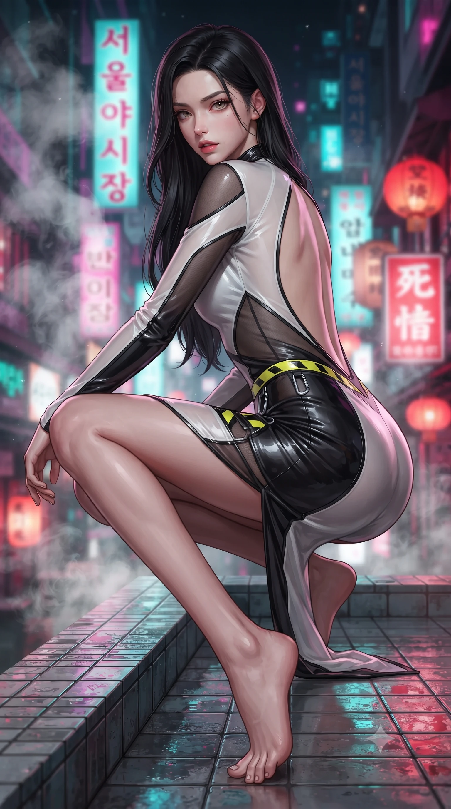 score_9, masterpiece, best quality, ultra-detailed, high-budget anime keyframe, editorial fashion photography, tasteful artistic composition, Korean woman. low angle full-body shot from head to toe showing her feet, filling the entire 9:16 vertical frame with her statuesque presence, stretching her vertical silhouette. sitting perched on the elevated edge with hips angled toward the camera and legs crossed, displaying her toned midriff and flawlessly sculpted slender limbs while crouching low on the wet tiled rooftop terrace with back turned slightly to the lens, glancing back with smoldering bedroom-eyes and parted lips. The composition keeps background elements in soft focus with creamy bokeh. swirling tea steam vapors and glowing neon kanji signs blurred into electric magenta, turquoise, and lantern-scarlet bokeh. She has an absolutely perfect, statuesque 8.5-heads proportion, an exceptionally tall and slender model-like female figure with impossibly long slender legs, a toned flat midriff, an ultra-slim waist, and beautifully sculpted feminine hips. sharp v-shaped jawline, high-bridge nose, intricate jewel-like eyes with depth, thick eyelashes, glossy parted lips with a natural sheen, intensely captivating and seductive bedroom-eyes expression, flawlessly proportioned anatomical accuracy, strict slender model proportions, natural body alignment, perfectly sculpted long slender limbs, ultra-slim waistline, clean dynamic posture without body distortion. wearing a form-contouring wet-look silk wrap dress with asymmetrical sheer mesh cutouts in high-contrast monochrome white and glossy black, made of sheer contouring power-mesh panels with anatomical curve lines, finished with high-visibility hazard warning tape details and carabiner clips, the dramatically scooped open back descending to the base of her spine, accentuating her razor-sharp statuesque lines and curvy hourglass silhouette. illuminated by wet specular asphalt bounce lights sharply sculpting her narrow waist and rounded hips. ultra-reflective glossy finish, specular highlights, rich textural contrasts, high-contrast stereoscopic depth, volumetric dynamic lighting, 2k, ultra detail, master piece, 9:16 ratio
