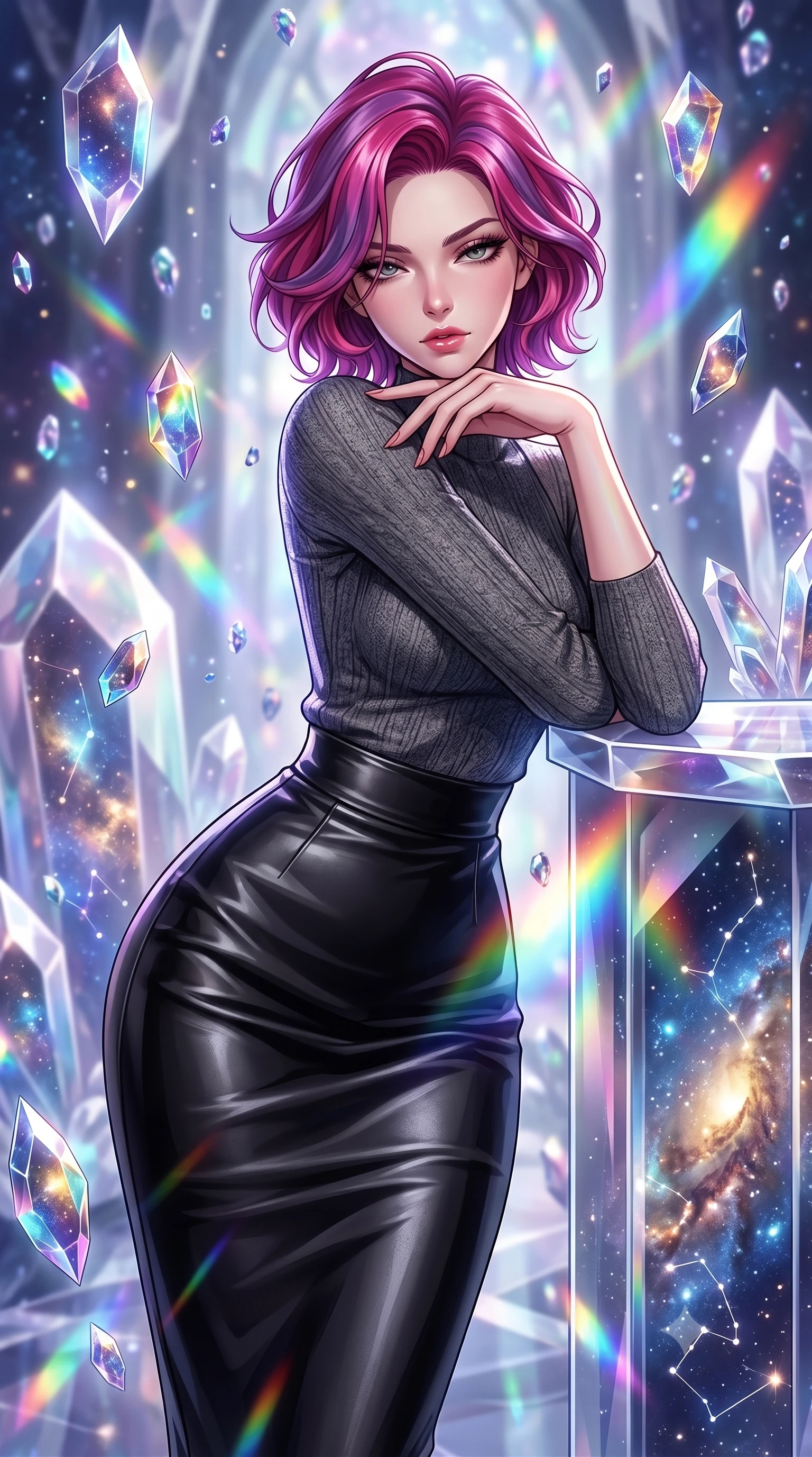 score_9, masterpiece, best quality, ultra-detailed, high-budget anime keyframe, editorial fashion photography, tasteful artistic composition, Caucasian woman. close-up cowboy shot from the waist and thighs up, the character dominates the composition, filling the frame with her large presence, background elements kept in soft focus. resting her chin on the backs of her fingers, casting a heavy-lidded, sultry look past the camera the background shows a soft-focus a cosmic crystal hall with floating gemstone shards reflecting galaxy constellations. She has an exceptionally elegant, slender, and willowy female figure with an ultra-slim waist, a gracefully sculpted slender torso, and a refined silhouette. sharp v-shaped jawline, high-bridge nose, intricate jewel-like eyes with depth, thick eyelashes, glossy lips with a natural sheen. wearing a tailored body-hugging knit top in charcoal grey, paired with a tight-fitting leather midi skirt. prismatic rainbow light refracting through floating crystals. highly saturated vibrant anime colors, detailed shading with soft gradients, rich glossy textures, high-contrast stereoscopic depth, volumetric dynamic lighting, master piece, 9:16 ratio