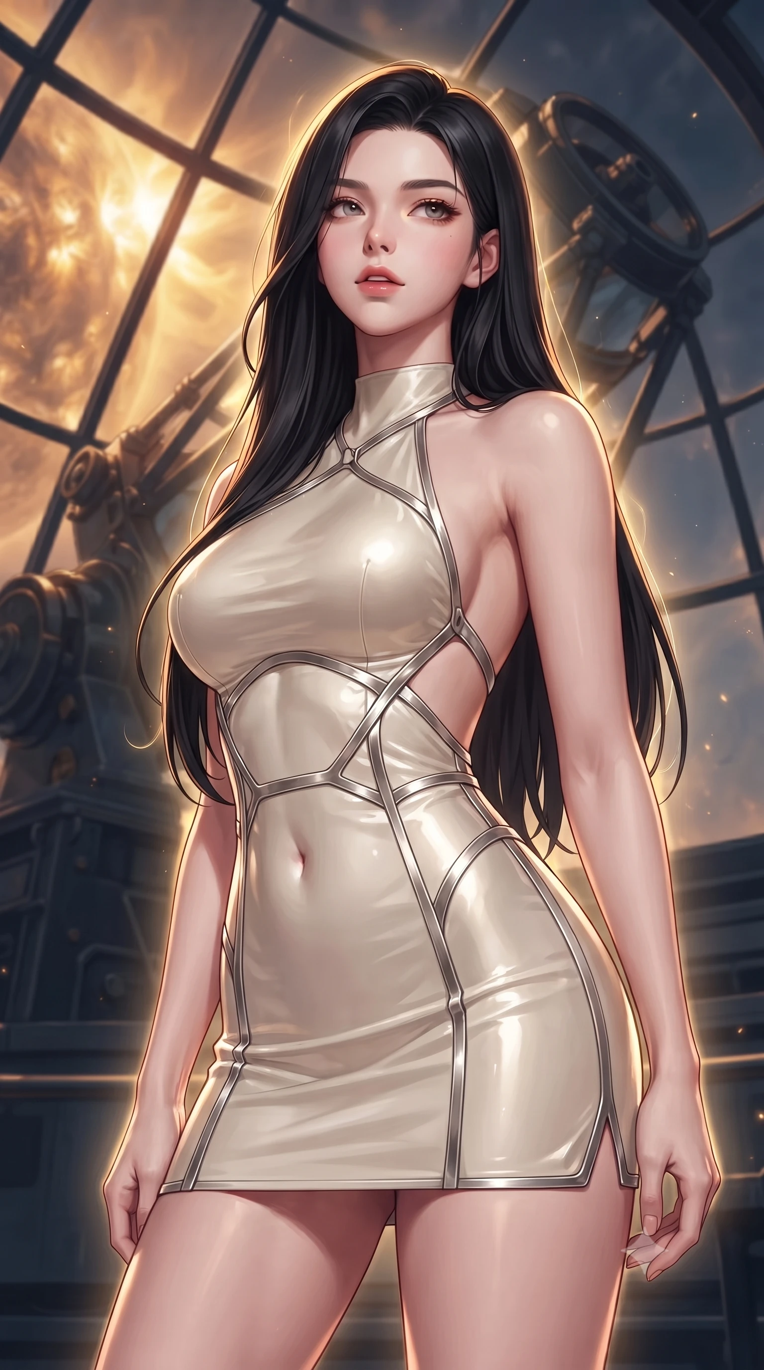 score_9, masterpiece, best quality, ultra-detailed, high-budget anime keyframe, editorial fashion photography, tasteful artistic composition, Korean woman. close-up cowboy shot from the waist and thighs up, the character dominates the composition, filling the frame with her large presence, background elements kept in soft focus. Tilting her chin up slightly with lips parted in a composed, magnetic expression, poised before a giant solar telescope tracking golden coronal flares, solar flares casting warm amber light on glass solarium frames. She has an exceptionally elegant, slender, and willowy female figure with an ultra-slim waist, a gracefully sculpted slender torso, and a refined silhouette. sharp v-shaped jawline, high-bridge nose, intricate jewel-like eyes with depth, thick eyelashes, glossy lips with a natural sheen. wearing backless liquid vinyl mini slip dress with bare shoulder halter neckline in pearl white, made of polished ivory leather, highlighted by a platinum metallic harness structure, contouring every curve with an exceptionally elegant silhouette. surrounded by a glowing golden aura with sharp rim highlights. highly saturated vibrant anime colors, detailed shading with soft gradients, rich glossy textures, high-contrast stereoscopic depth, volumetric dynamic lighting, master piece, 9:16 ratio