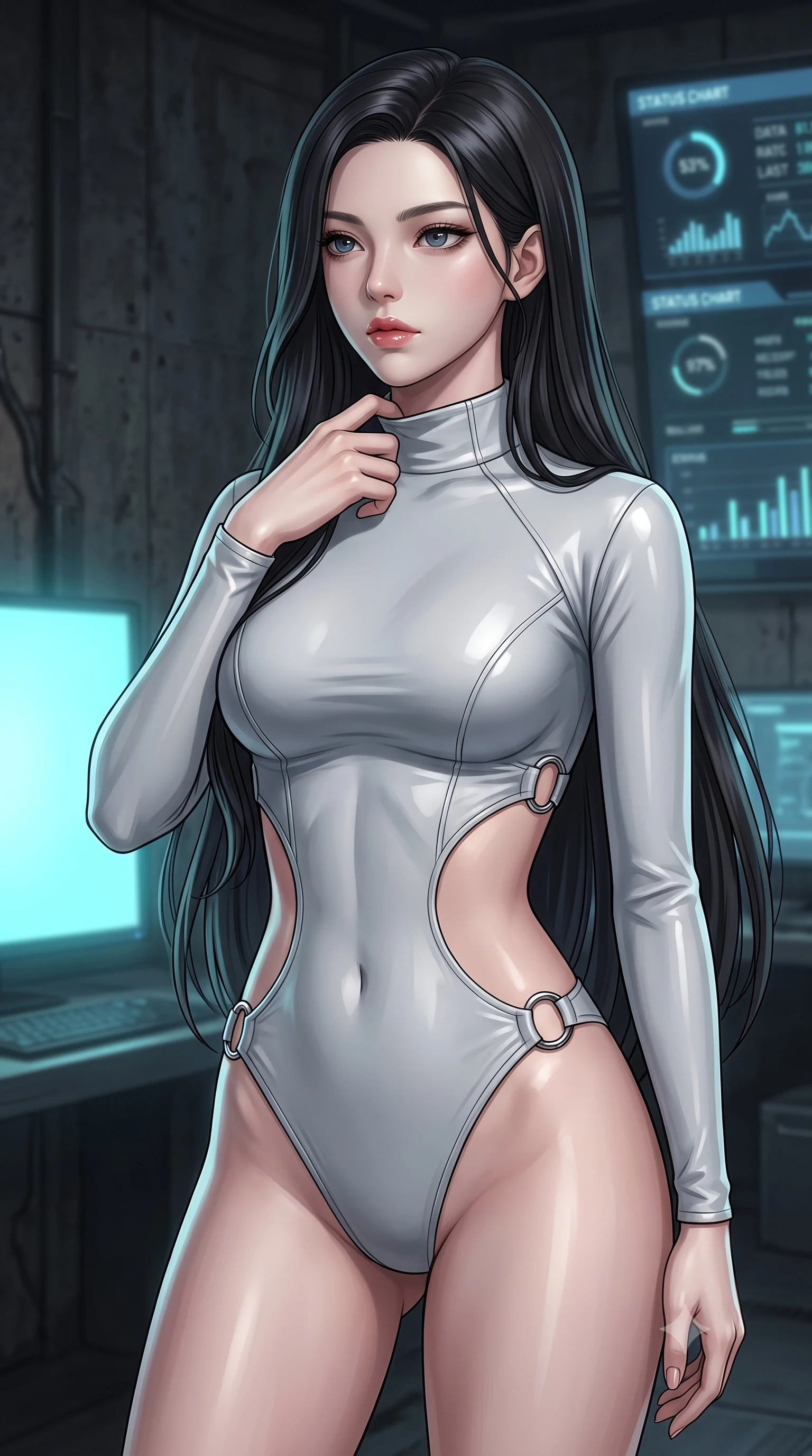score_9, masterpiece, best quality, ultra-detailed, high-budget anime keyframe, editorial fashion photography, tasteful artistic composition, Korean woman. close-up cowboy shot from the waist and thighs up, the character dominates the composition, filling the frame with her large presence, background elements kept in soft focus. adjusting the high collar of her body-hugging suit, looking past the camera with quiet, sharp focus and a composed expression, the background shows a soft-focus a virtual simulation pod inside a cyber-game center with status charts. She has an exceptionally elegant, slender, and willowy female figure with an ultra-slim waist, a gracefully sculpted slender torso, and a refined silhouette. sharp v-shaped jawline, high-bridge nose, intricate jewel-like eyes with depth, thick eyelashes, glossy lips with a natural sheen. wearing a tailored light carbon-plate combat bodysuit featuring dramatic geometric open-waist cutouts framed by chrome ring hardware. soft cyan screen glare contrasting with the dark industrial walls. ultra-reflective glossy finish, specular highlights, metallic sheen, high-contrast stereoscopic depth, volumetric dynamic lighting, 2k, ultra detail, master piece, 9:16 ratio