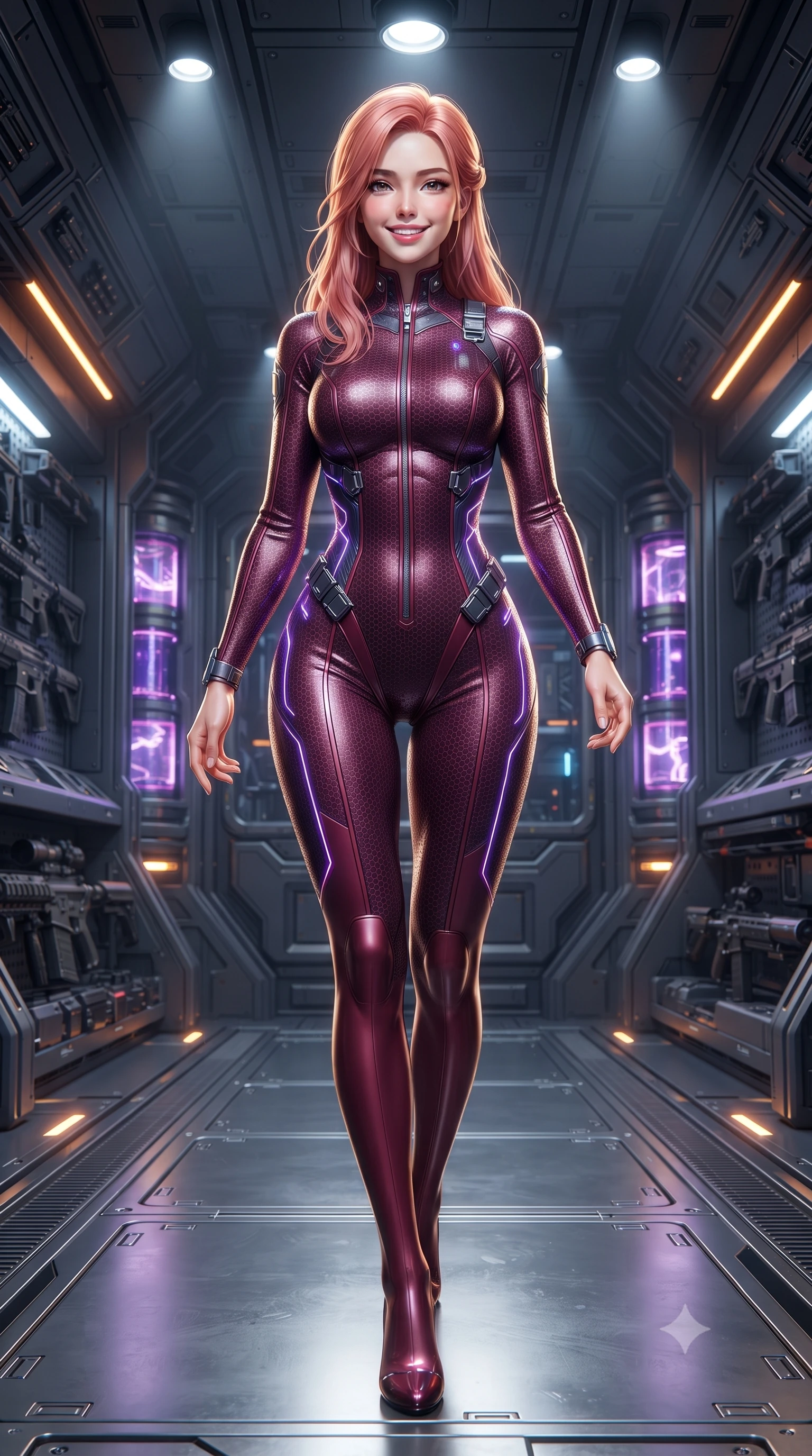 score_9, masterpiece, best quality, ultra-detailed, high-budget anime keyframe, editorial fashion photography, tasteful artistic composition, Japanese woman. low angle full-body shot from head to toe showing her feet, filling the entire 9:16 vertical frame with her statuesque presence, stretching her vertical silhouette. striding forward gracefully across the reflective metal deck in mid-motion with a radiant beaming smile, hips swaying in an alluring kinetic rhythm that accentuates her curvy hourglass silhouette and long slender legs while twisting her slender torso in an alluring S-curve amidst charging plasma cells, electric violet energy tracing her narrow waist and curvy hips. The surrounding environment is rendered in vivid detail and crisp panoramic clarity: detailed tactical harness weave, weapon metallic sheen, and high-tech military armory architecture in high clarity. She has an absolutely perfect, statuesque 8.5-heads proportion, an exceptionally tall and slender model-like female figure with impossibly long slender legs, an ultra-slim waist, a flat toned midriff, narrow delicate ribcage, and beautifully sculpted feminine hips creating a graceful, slim hourglass silhouette without any bulky heaviness. sharp v-shaped jawline, high-bridge nose, intricate jewel-like sparkling eyes with depth, thick eyelashes, glossy parted lips with a natural sheen, bright confident smile with an enchanting and coquettish sensual glint, exuding both youthful magnetic charm and sovereign high-tech allure, flawlessly proportioned anatomical accuracy, strict slender model proportions, natural body alignment, perfectly sculpted long slender limbs, ultra-slim waistline, clean dynamic posture without body distortion. wearing an aerodynamic second-skin combat bodysuit with hexagonal carbon weave and glowing circuit seam piping in deep wine crimson and dark carbon weave, formed from supple thermal silicone composite adhering seamlessly like a second skin, finished with polished chrome buckle hardware and modular magnetic holster clasps, the aerodynamic second-skin silhouette tightly following the natural contour of her hips and long slender legs with youthful 8.5-heads elegance. illuminated by focused overhead spotlighting and sharp amber rim lights defining her slim torso, narrow waist, and curvy hips. ultra-reflective glossy finish, specular highlights, rich textural contrasts, high-contrast stereoscopic depth, volumetric dynamic lighting, 2k, ultra detail, master piece, 9:16 ratio
