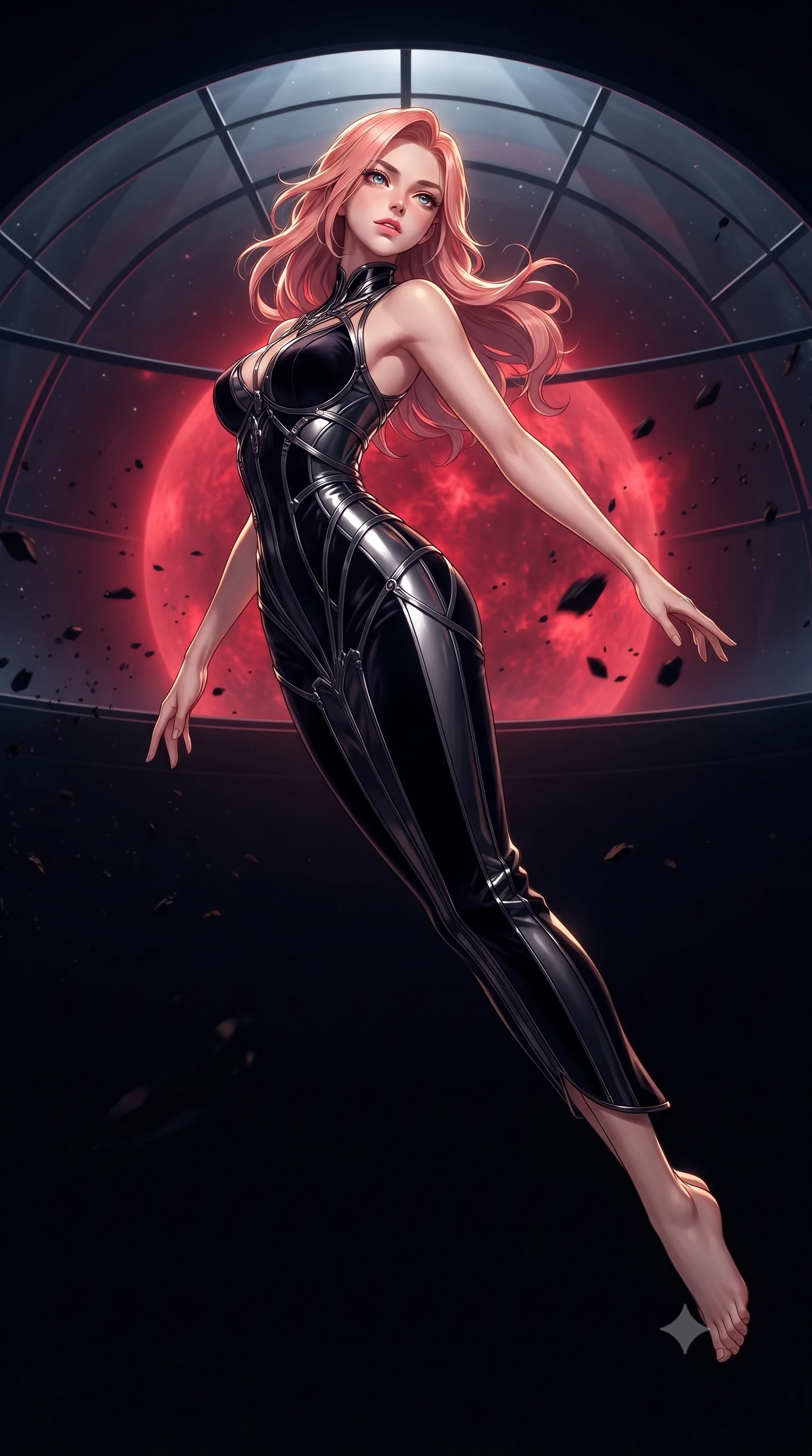 score_9, masterpiece, best quality, ultra-detailed, high-budget anime keyframe, editorial fashion photography, tasteful artistic composition, Japanese woman. low angle full-body shot from head to toe showing her feet, filling the entire 9:16 vertical frame with her statuesque presence, stretching her vertical silhouette. leaping dynamically through the pitch-black void, her posture full of power and elegance, poised before a giant panoramic glass dome overlooking a dying crimson star, dark cosmic dust particles drifting like suspended obsidian flecks. She has an absolutely perfect, statuesque 8.5-heads proportion, an exceptionally tall and slender model-like female figure with impossibly long slender legs and an ultra-slim waist. sharp v-shaped jawline, high-bridge nose, intricate jewel-like eyes with depth, thick eyelashes, glossy lips with a natural sheen. wearing sculpted form-fitting dark velvet column gown in pitch black in obsidian black, made of sculpted obsidian metallic chrome, highlighted by a gunmetal metallic harness structure, contouring every curve with an exceptionally elegant silhouette. lit by intense golden key light piercing through deep midnight navy shadows. highly saturated vibrant anime colors, detailed shading with soft gradients, rich glossy textures, high-contrast stereoscopic depth, volumetric dynamic lighting, master piece, 9:16 ratio