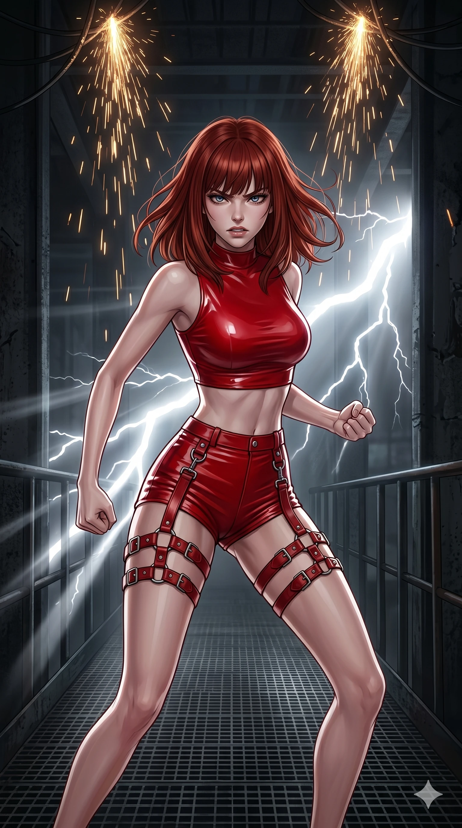 score_9, masterpiece, best quality, ultra-detailed, high-budget anime keyframe, editorial fashion photography, tasteful artistic composition, Caucasian woman, strictly human ears. cowboy shot from the thighs up, character and outfit filling the frame for maximum editorial presence. clenching her jaw with venomous indignation, her posture aggressive and tensed to strike on a dark warehouse catwalk as sparks rain down from broken cables overhead (Scenario Code A-2). She has an absolutely perfect 8-heads proportion, an exceptionally tall and slender female figure with impossibly long slender legs and an ultra-slim waist. V-shaped jawline, high-bridge nose, intricate jewel-like eyes with depth, thick eyelashes, glossy lips with a natural sheen. wearing a skin-tight red vinyl crop top and high-waisted shorts with a thigh-high leather harness. bathed in the blinding flashes of lightning, creating sharp white volumetric rays. 2k, ultra detail, master piece, 9:16 ratio