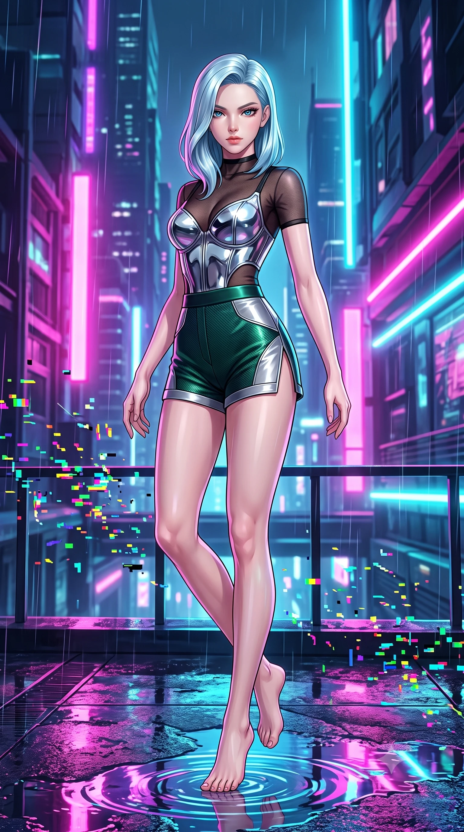 score_9, masterpiece, best quality, ultra-detailed, high-budget anime keyframe, editorial fashion photography, tasteful artistic composition, Korean woman. low angle full-body shot from head to toe showing her feet, filling the entire 9:16 vertical frame with her statuesque presence, stretching her vertical silhouette. pivoting dynamically in zero-gravity with fluid body alignment, displaying her perfect model proportions while pivoting gracefully on a rain-slicked balcony as RGB glitch noise scatters nearby, wet rooftop surfaces reflecting glowing pink, purple, and cyan neon light bars. She has an absolutely perfect, statuesque 8.5-heads proportion, an exceptionally tall and slender model-like female figure with impossibly long slender legs and an ultra-slim waist. sharp v-shaped jawline, high-bridge nose, intricate jewel-like eyes with depth, thick eyelashes, glossy lips with a natural sheen, flawlessly proportioned anatomical accuracy, natural body alignment, perfectly sculpted elegant limbs, clean dynamic posture without body distortion. wearing a chrome-plated structured bodice worn over a sheer mesh top and micro-shorts in deep emerald green and silver accent, made of fine carbon-fiber weave and soft matte leather, finished with a sleek side slit ascending to mid-thigh, the sleek second-skin texture accentuating her magnetic presence. surrounded by a high-energy futuristic cityscape atmosphere. highly saturated vibrant anime colors, detailed shading with soft gradients, rich glossy textures, high-contrast stereoscopic depth, volumetric dynamic lighting, master piece, 9:16 ratio
