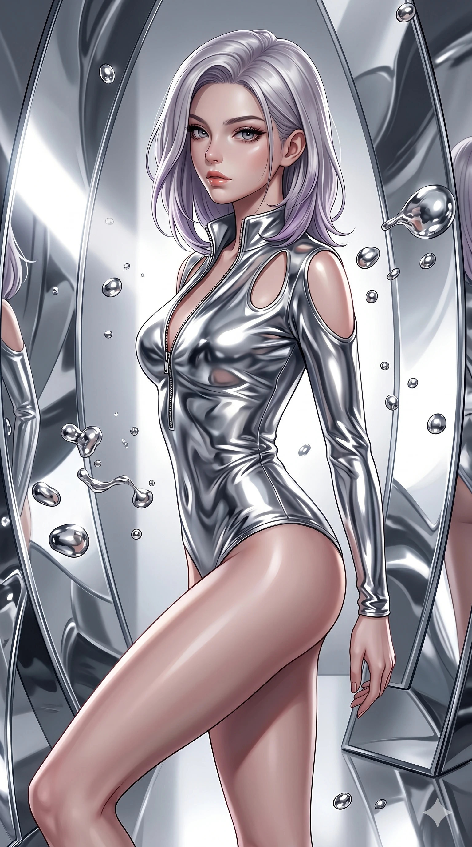 score_9, masterpiece, best quality, ultra-detailed, high-budget anime keyframe, Caucasian woman, strictly human ears. Upper body close-up from the thighs up, character filling the screen for maximum presence. She is surrounded by floating mercury droplets and curved abstract mirrors that warp space. She strikes a striking fashion pose, looking over her shoulder with glossy, natural lips. She has an absolutely perfect 8-heads proportion, an exceptionally tall and slender female figure with impossibly long slender legs and an ultra-slim waist. V-shaped jawline, high-bridge nose, intricate jewel-like eyes with depth, thick eyelashes, glossy lips with a natural sheen. She is wearing a form-fitting top made of molten liquid-mercury fabric that clings to her curves, with strategic tear-drop shoulder cutouts and a dangerously unzipped front collar. The scene is bathed in highly reflective silver highlights and a stark white side studio light. 2k, ultra detail, master piece, 9:16 ratio
