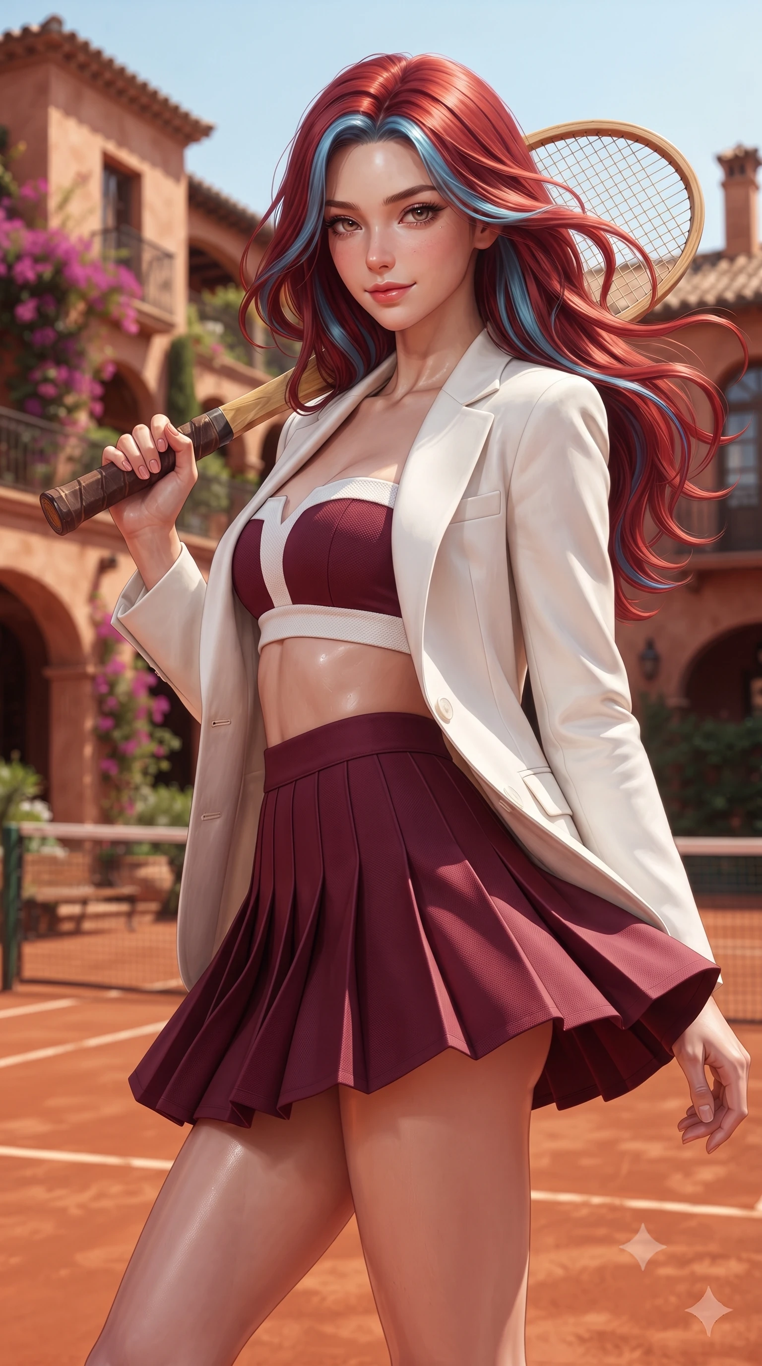 score_9, masterpiece, best quality, ultra-detailed, high-budget anime keyframe, editorial fashion photography, tasteful artistic composition, Caucasian woman. close-up cowboy shot from the waist and thighs up, the character dominates the composition, filling the frame with her large presence. turning slowly with a smoldering smile, her glossy hair tossing in the breeze as her hips angle gracefully in a captivating contrapposto while twisting her slender torso in an alluring contrapposto stance, warm sea breezes fluttering her pleated tennis skirt around her long slender legs and curvy hips. The surrounding environment is rendered in vivid detail and crisp panoramic clarity: detailed piqué knit texture, dewy post-match glow on skin, and legendary Mediterranean tennis architecture in high resolution. She has an exceptionally elegant, slender, and willowy female figure with an ultra-slim waist, flat toned midriff, narrow ribcage, and sculpted feminine hips creating an alluring, slim hourglass silhouette without bulk. sharp v-shaped jawline, high-bridge nose, sparkling eyes with athletic focus and depth, thick curled eyelashes, glossy parted lips with a natural coral-peach sheen, bright confident and coquettish smile with alluring bedroom-eyes, exuding both youthful sporty vigor and sovereign high-society glamour, flawlessly proportioned anatomical accuracy, strict slender model proportions, natural body alignment, perfectly sculpted long slender limbs, ultra-slim waistline, clean dynamic posture without body distortion. wearing a tailored white blazer worn open over a plunging racing bandeau top and pleated tennis micro-skirt in rich burgundy wine and crisp court white, made of second-skin technical compression piqué knit with moisture-wicking stretch, featuring a vintage wooden tennis racket held casually over one shoulder, the high-waisted wrap tailoring accentuating her ultra-slim waistline and the enchanting curve of her feminine hips with alluring sporty charm. illuminated by clay bounce warmth and sharp amber rim lighting defining her sculpted collarbones, ultra-slim waist, and curvy hips. ultra-reflective glossy finish, specular highlights, rich textural contrasts, high-contrast stereoscopic depth, volumetric dynamic lighting, 2k, ultra detail, master piece, 9:16 ratio