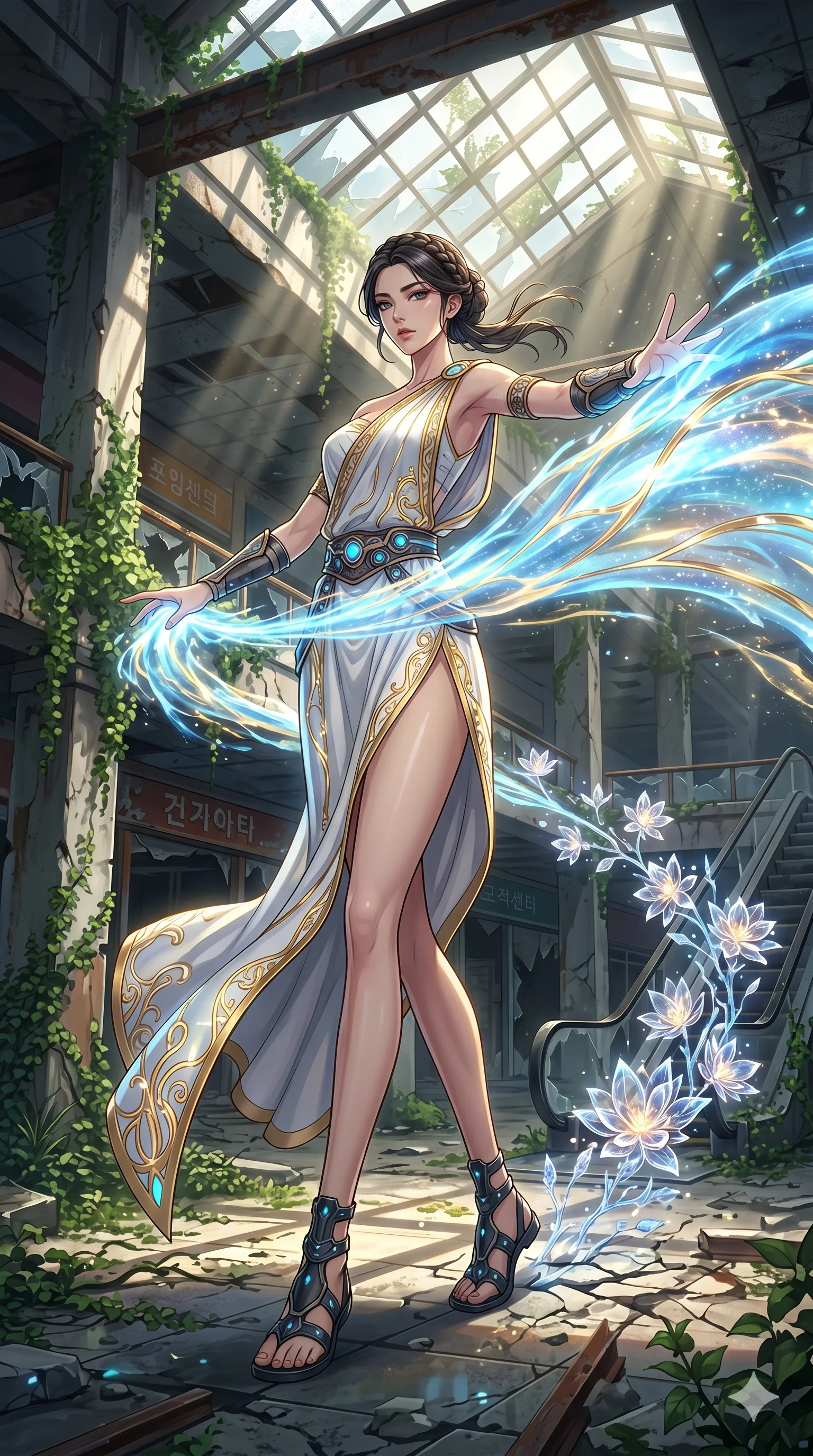 score_9, masterpiece, best quality, ultra-detailed, Set A: High-budget Anime Keyframe, Korean woman. Low angle cowboy shot filling the entire 9:16 frame with her statuesque presence. Theme: Historical Remix. unleashing a massive energy wave in a ruined overgrown shopping mall, while she leaves a trail of 36 blooming crystal flowers. The atmosphere is filled with cinematic sunlight through leaves. She has an absolutely perfect 8-heads proportion, an exceptionally tall and slender female figure with impossibly long slender legs and an ultra-slim waist. Sharp v-shaped jawline, high-bridge nose, intricate jewel-like eyes with depth, glossy lips. Wearing Ancient Roman-style tech-toga with glowing gold filigree and a high side slit. Cinematic lighting, vivid colors, dramatic shadows, 2k, ultra detail, master piece, 9:16 ratio