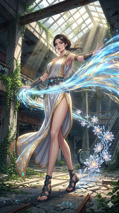 score_9, masterpiece, best quality, ultra-detailed, Set A: High-budget Anime Keyframe, Korean woman. Low angle cowboy shot filling the entire 9:16 frame with her statuesque presence. Theme: Historical Remix. unleashing a massive energy wave in a ruin