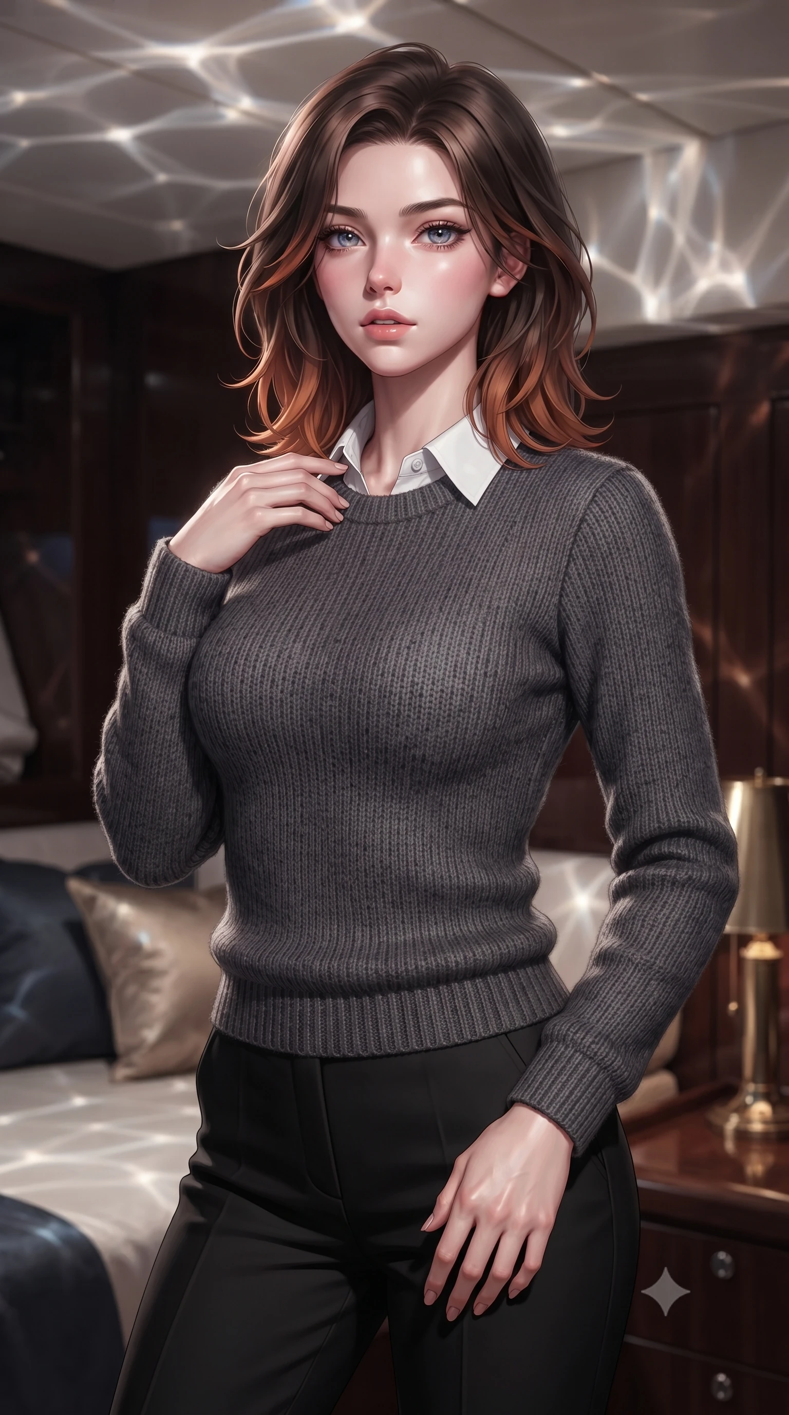 score_9, masterpiece, best quality, ultra-detailed, high-budget anime keyframe, editorial fashion photography, tasteful artistic composition, Korean woman woman. close-up cowboy shot from the waist and thighs up, the character dominates the composition, filling the frame with her large presence, background elements kept in soft focus. tilting her chin up slightly with lips parted in a composed, provocative expression the background shows a soft-focus a luxurious private cabin room of a sailing yacht, with dark wood panels and silk pillows. She has an exceptionally elegant, slender, and willowy female figure with an ultra-slim waist, a gracefully sculpted slender torso, and a refined silhouette. sharp v-shaped jawline, high-bridge nose, intricate jewel-like eyes with depth, thick eyelashes, glossy lips with a natural sheen. wearing a form-contouring cozy charcoal grey knit sweater over a white collared shirt and black slacks. shimmering sunbeams reflecting from the water surface onto the ceiling. ultra-reflective glossy finish, specular highlights, metallic sheen, high-contrast stereoscopic depth, volumetric dynamic lighting, 2k, ultra detail, master piece, 9:16 ratio