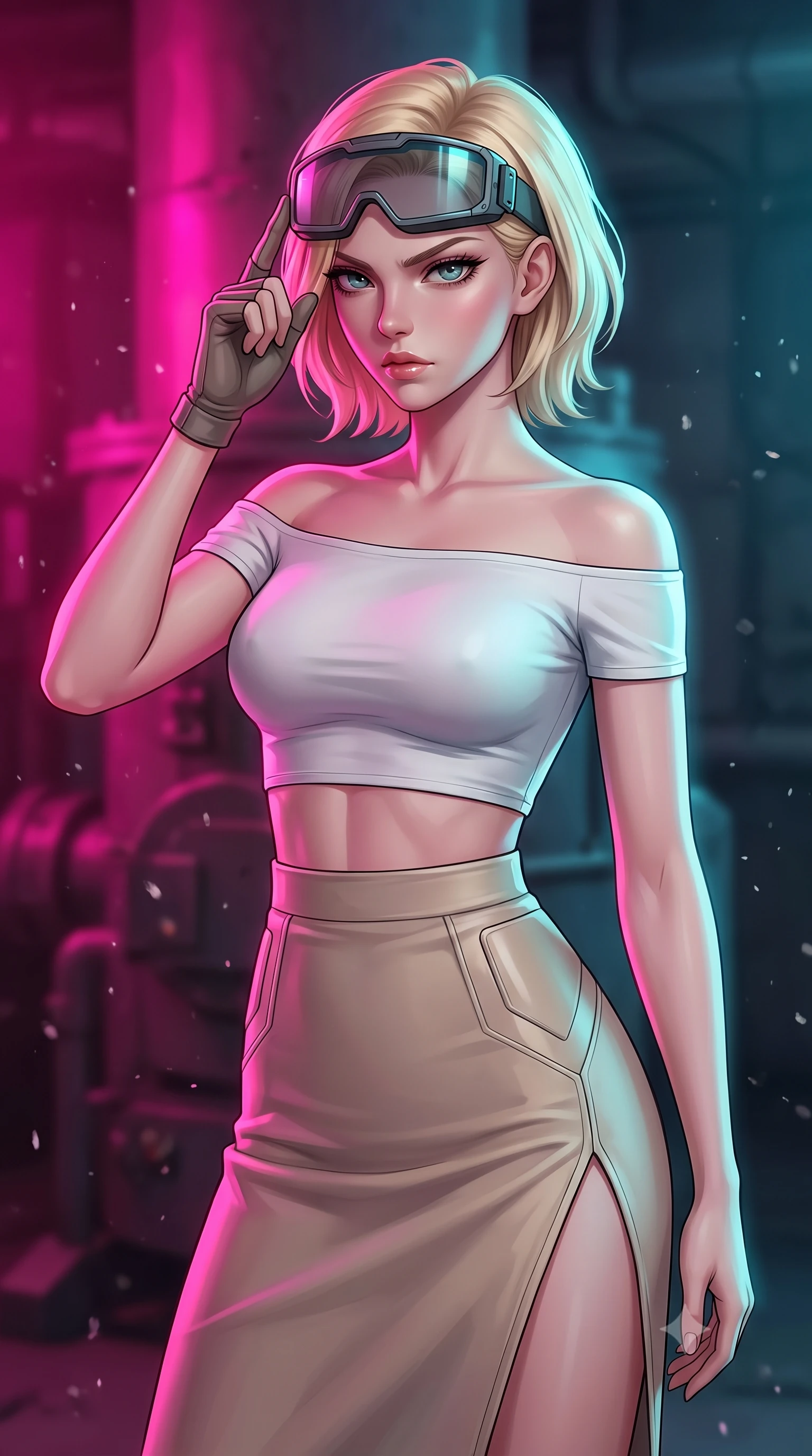 score_9, masterpiece, best quality, ultra-detailed, high-budget anime keyframe, editorial fashion photography, tasteful artistic composition, Caucasian woman, strictly human ears. close-up cowboy shot from the waist and thighs up, the character dominates the composition, filling the frame with her large presence, background elements kept in soft focus. Adjusting her tactical visor with one hand, eyes narrowed in sharp concentration at the target. set against a soft-focus background of a dark basement containing a giant trash incinerator, ash particles floating in the warm air. She has an exceptionally elegant and slender, willowy female figure with an ultra-slim waist, a gracefully sculpted slender torso, and a refined slim physique. sharp v-shaped jawline, high-bridge nose, intricate jewel-like eyes with depth, thick eyelashes, glossy lips with a natural sheen. wearing tailored for maximum mobility, sleek form-contouring panels that allow fluid movement, a form-contouring white off-shoulder crop top paired with a high-waisted beige tech-skirt featuring a high side slit. highly saturated vibrant anime colors, intense vivid color palette, soft 3D volumetric shading, volumetric dynamic lighting, dual-tone lighting with hot magenta from the left and cool cyan from the right. 2k, ultra detail, master piece, 9:16 ratio