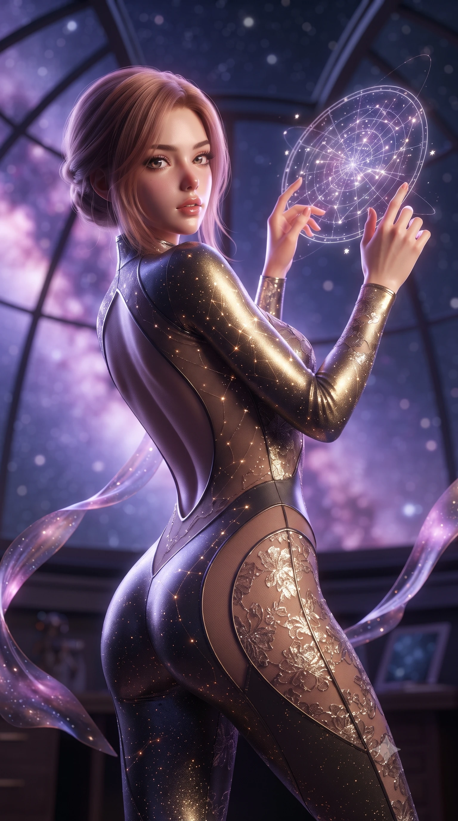 score_9, masterpiece, best quality, ultra-detailed, high-budget anime keyframe, editorial fashion photography, tasteful artistic composition, Japanese woman. close-up cowboy shot from the waist and thighs up, the character dominates the composition, filling the frame with her large presence. leaning back with relaxed seductive grace, her sculpted collarbones and narrow waist highlighted as she casts smoldering bedroom-eyes directly into the camera while arching her spine in a fluid dancer stretch beneath the open observatory glass dome, fingers lightly tracing a floating star map. The composition keeps background elements in soft focus with creamy bokeh. swirling violet and magenta nebula clouds and distant star clusters blurred into celestial indigo, pink, and diamond-white bokeh. She has an exceptionally elegant, slender, and willowy female figure with an ultra-slim waist, a gracefully sculpted slender torso, toned flat midriff, and rounded feminine hips creating an alluring hourglass silhouette. sharp v-shaped jawline, high-bridge nose, intricate jewel-like eyes with depth, thick eyelashes, glossy parted lips with a natural sheen, intensely captivating and seductive bedroom-eyes expression, flawlessly proportioned anatomical accuracy, strict slender model proportions, natural body alignment, perfectly sculpted long slender limbs, ultra-slim waistline, clean dynamic posture without body distortion. wearing a second-skin starlight catsuit with sheer mesh constellation cutouts tracing her spine and curvy hips in molten starlight gold and dark gunmetal, formed from shimmering floral lace over smooth opaque silk lining, complemented by floating celestial silk ribbons catching the nebula light, the dramatically scooped open back descending to the base of her spine, accentuating her razor-sharp statuesque lines and curvy hourglass silhouette. surrounded by a celestial, immortal, and deeply hypnotic cosmos sovereign aura. ultra-reflective glossy finish, specular highlights, rich textural contrasts, high-contrast stereoscopic depth, volumetric dynamic lighting, 2k, ultra detail, master piece, 9:16 ratio
