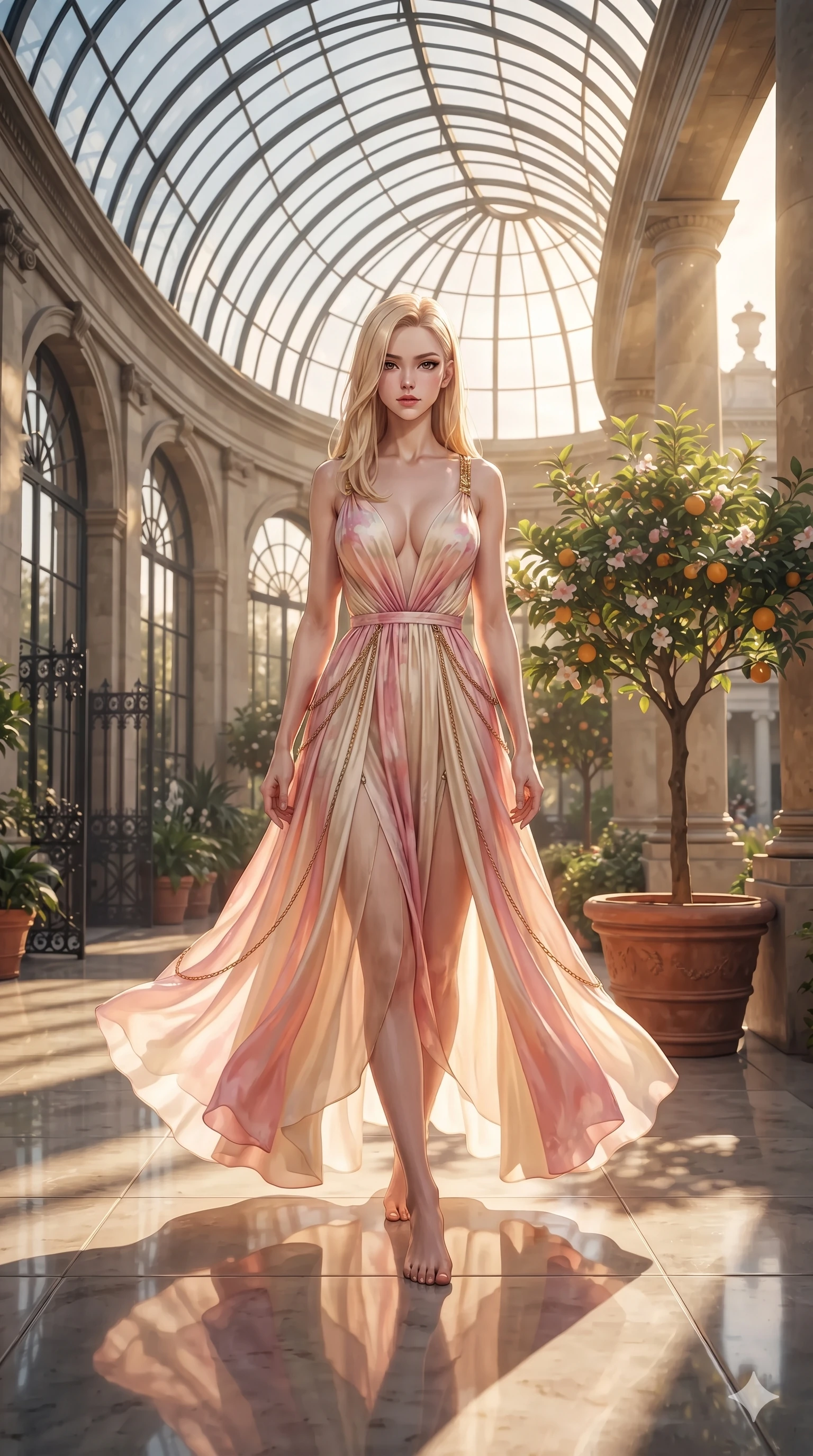 score_9, masterpiece, best quality, ultra-detailed, high-budget anime keyframe, editorial fashion photography, tasteful artistic composition, Korean woman. low angle full-body shot from head to toe showing her feet, filling the entire 9:16 vertical frame with her statuesque presence, stretching her vertical silhouette. stepping slowly toward the camera with hypnotic grace, hips swaying in an alluring sensual rhythm that accentuates her curvy hourglass silhouette and long slender legs while standing poised beneath the soaring curved glass ceiling beside a flowering citrus tree, arching her spine with ethereal siren poise as afternoon sunbeams lance through glass panes. The surrounding environment is rendered in vivid detail and crisp panoramic clarity: detailed semi-translucent wrap dress tailoring, delicate gold chain accents, and neoclassical orangerie architecture in razor-sharp clarity. She has an exceptionally tall and slender model-like 8.5-heads proportion, an ultra-slim waist, a flat toned midriff, narrow delicate ribcage, and beautifully sculpted feminine hips creating a graceful, slim hourglass silhouette without any bulky heaviness, with impossibly long slender legs. sharp v-shaped jawline, high-bridge nose, intricate jewel-like sparkling eyes with depth, thick eyelashes, glossy parted lips with a natural sheen, intensely captivating and seductive bedroom-eyes expression, exuding both youthful cute charm and sovereign luxury allure, flawlessly proportioned anatomical accuracy, strict slender model proportions, natural body alignment, perfectly sculpted long slender limbs, ultra-slim waistline, clean dynamic posture without body distortion. wearing an alluring plunging sweetheart bodice dress with sheer mesh side-waist cutouts contouring her ribs in sakura blossom pink and warm ivory, tailored from heavy double-faced silk georgette with an exceptionally fluid drape, accented with a delicate gold chain belt resting loosely on her curvy hips, the form-contouring material adhering flawlessly to her sculpted flat midriff and slender torso, emphasizing her long leg lines and perfectly proportioned willowy build. illuminated by polished limestone floor reflections and sharp emerald-gold rim lights sculpting her razor-sharp jawline, narrow waist, and curvy hips. ultra-reflective glossy finish, specular highlights, rich textural contrasts, high-contrast stereoscopic depth, volumetric dynamic lighting, 2k, ultra detail, master piece, 9:16 ratio