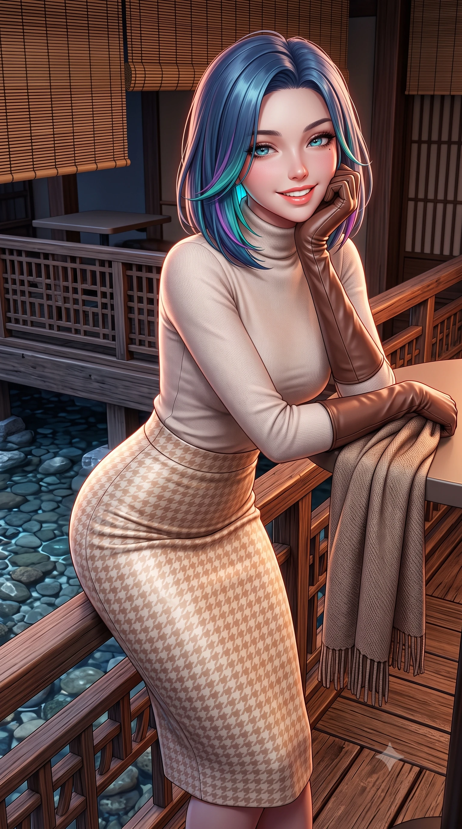score_9, masterpiece, best quality, ultra-detailed, high-budget anime keyframe, semi-realistic 3D game render, editorial fashion photography, tasteful artistic composition, Caucasian woman. close-up cowboy shot from the waist and thighs up, the character dominates the composition, filling the frame with her large presence. resting one elbow on the table and supporting her chin, leaning close to the camera with heavy-lidded sparkling eyes and parted lips while leaning gently against the cedar lattice railing of the historic machiya balcony, one hand holding her scarf against the crisp evening breeze. The surrounding environment is rendered in vivid detail and crisp panoramic clarity: sharp weather-beaten cedar wood decking textures, river stones in clear shallow water, and bamboo lattice blinds in deep focus. She has an exceptionally elegant, slender, and willowy female figure with an ultra-slim waist, flat toned midriff, narrow ribcage, and sculpted feminine hips creating an alluring, slim hourglass silhouette without bulk. sharp v-shaped jawline, high-bridge nose, intricate jewel-like sparkling eyes with depth, thick eyelashes, glossy parted lips with a natural peach sheen, bright cheerful beaming smile with an enchanting and coquettish sensual glint, exuding both youthful cute charm and seductive allure, flawlessly proportioned anatomical accuracy, strict slender model proportions, natural body alignment, perfectly sculpted long slender limbs, ultra-slim waistline, clean dynamic posture without body distortion. wearing a body-hugging fine-knit merino turtleneck tucked seamlessly into a high-waisted tailored houndstooth pencil midi skirt in soft champagne ivory and warm biscuit beige, woven from fluid liquid silk jersey that clings smoothly to her narrow waist and rounded hips with a dewy sheen, complemented by buttery leather opera gloves tracing her slender arms with sleek polish, the form-contouring silhouette accentuating her sculpted flat midriff, narrow delicate ribcage, and gracefully curvy hips with intoxicating allure. illuminated by river water specular reflection bounce and sharp copper-rose rim lights sculpting her jawline, narrow waist, and graceful model proportions. highly saturated vibrant anime colors, detailed shading with soft gradients, rich glossy textures, high-contrast stereoscopic depth, volumetric dynamic lighting, master piece, 9:16 ratio