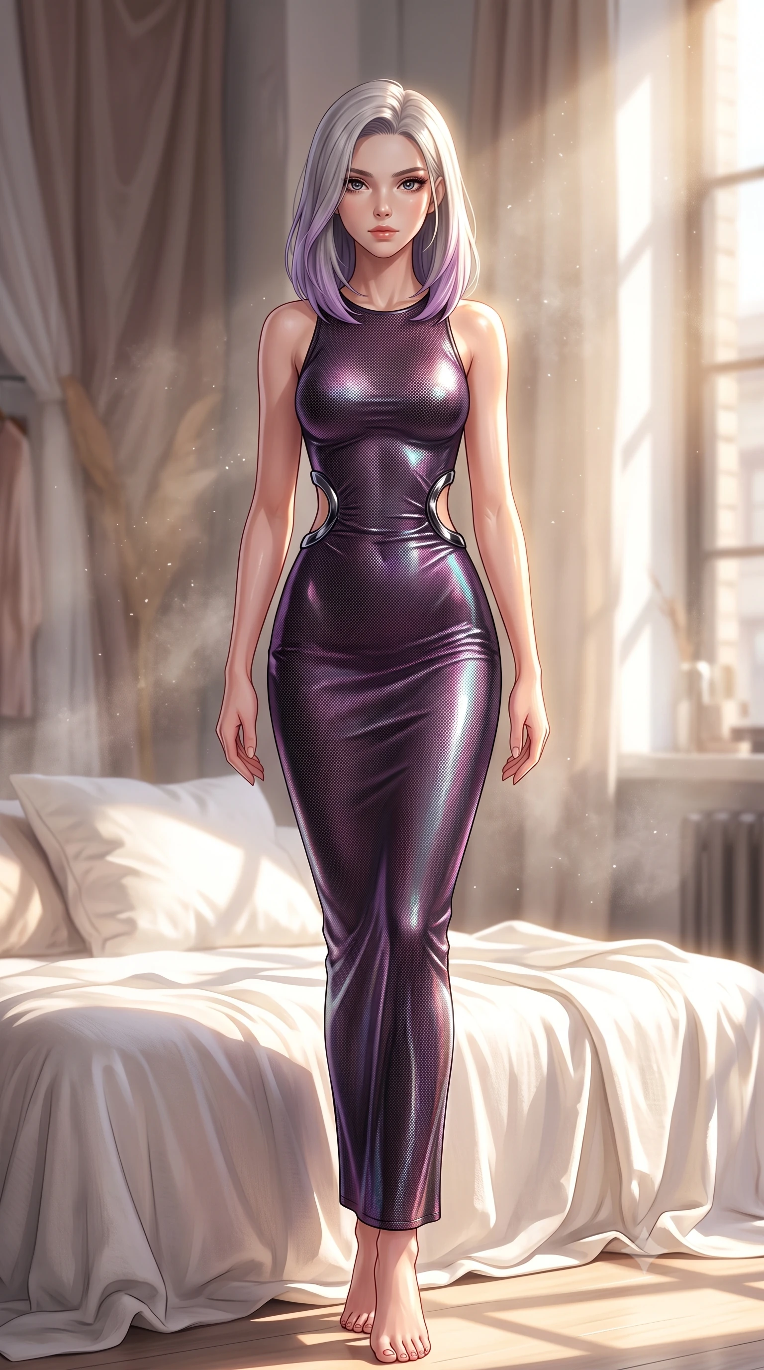 score_9, masterpiece, best quality, ultra-detailed, high-budget anime keyframe, editorial fashion photography, tasteful artistic composition, Caucasian woman. low angle full-body shot from head to toe showing her feet, filling the entire 9:16 vertical frame with her statuesque presence, stretching her vertical silhouette. forging confidently through the floating mist, holding a poised statuesque stance, lounging on a white linen daybed as warm afternoon sunbeams flood the room, dewy natural skin glow under bright sun-drenched lighting. She has an absolutely perfect, statuesque 8.5-heads proportion, an exceptionally tall and slender model-like female figure with impossibly long slender legs and an ultra-slim waist. sharp v-shaped jawline, high-bridge nose, intricate jewel-like eyes with depth, thick eyelashes, glossy lips with a natural sheen. wearing fitted liquid mercury jersey maxi dress hugging every curve in dark plum violet, made of fine dark contouring mesh, accented with sculpted obsidian chrome rings at the waist, following her slender form with tailored precision. illuminated by bright natural key rays and soft ambient fill light. highly saturated vibrant anime colors, detailed shading with soft gradients, rich glossy textures, high-contrast stereoscopic depth, volumetric dynamic lighting, master piece, 9:16 ratio