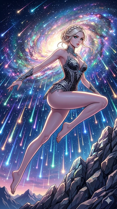 score_9, masterpiece, best quality, ultra-detailed, Set C: High-budget Anime Keyframe, Korean woman. Low angle cowboy shot filling the entire 9:16 frame with her statuesque presence. Leaping through a curtain of falling stars on a mountain peak at ni