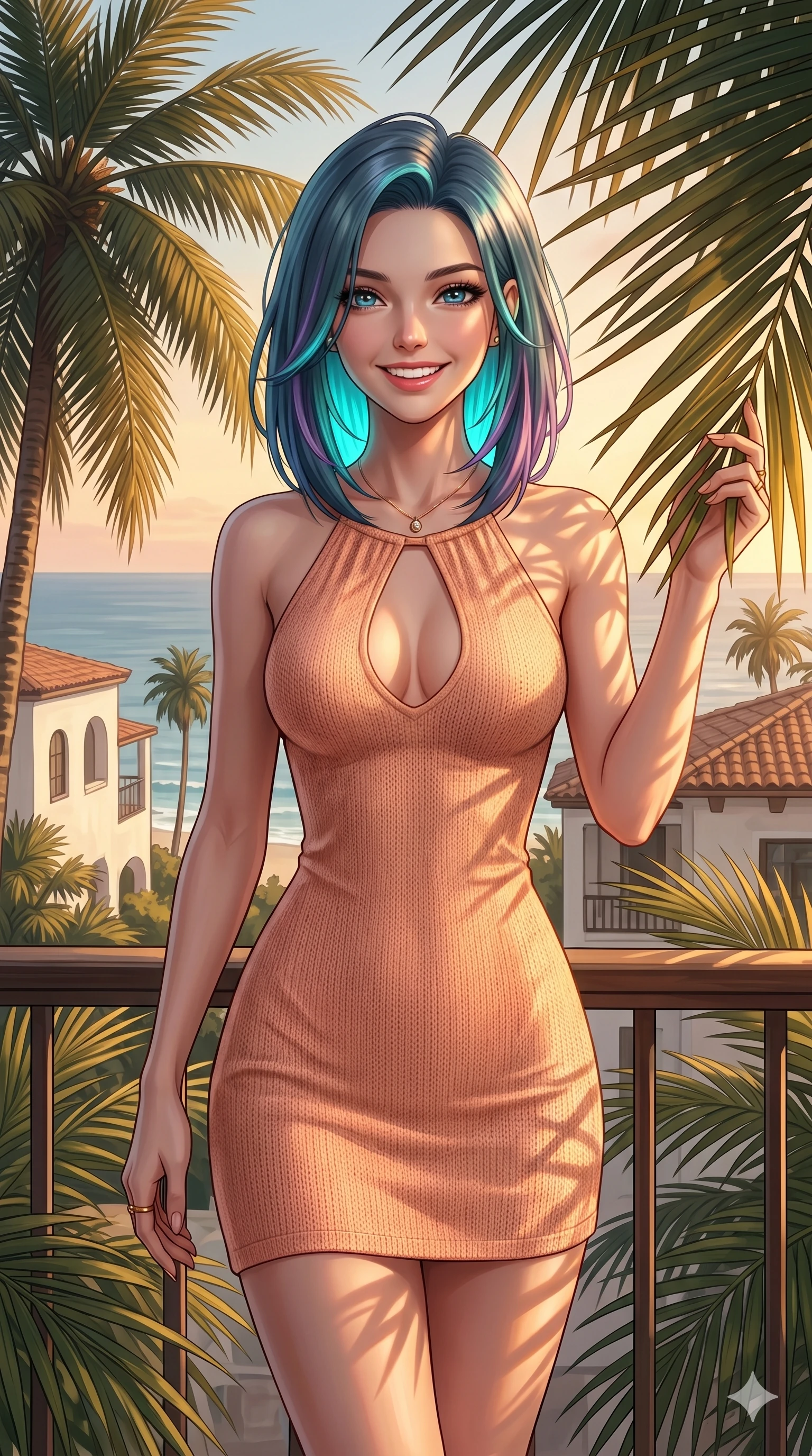score_9, masterpiece, best quality, ultra-detailed, high-budget anime keyframe, editorial fashion photography, tasteful artistic composition, Caucasian woman, strictly human ears. cowboy shot from the thighs up, character and outfit filling the frame for maximum editorial presence. looking at the camera with a bright, cheerful smile, her shoulders relaxed standing on a balcony of a coastal resort surrounded by palm trees. She has an absolutely perfect 8-heads proportion, an exceptionally tall and slender female figure with impossibly long slender legs and an ultra-slim waist. V-shaped jawline, high-bridge nose, intricate jewel-like eyes with depth, thick eyelashes, glossy lips with a natural sheen. wearing a peach-colored knit dress with an elegant keyhole cutout and bare shoulders. drenched in warm golden hour light pouring through the palm leaves. 2k, ultra detail, master piece, 9:16 ratio