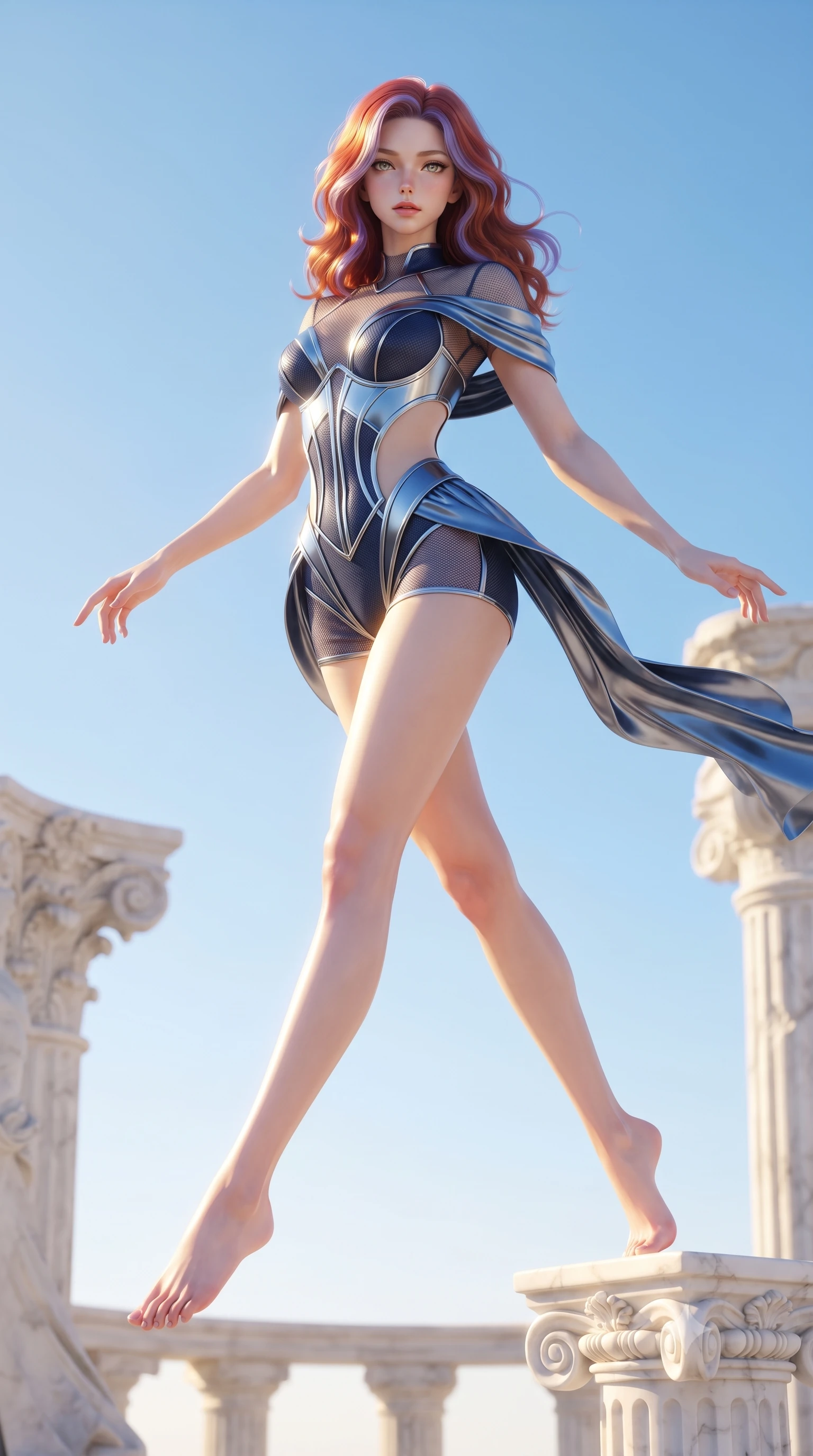 score_9, masterpiece, best quality, ultra-detailed, high-budget anime keyframe, editorial fashion photography, tasteful artistic composition, Caucasian woman. low angle full-body shot from head to toe showing her feet, filling the entire 9:16 vertical frame with her statuesque presence, stretching her vertical silhouette. leaping gracefully through the environment with statuesque elegance and long slender legs resting against a sculpted white marble pedestal under a clear blue sky, draped metallic fabric echoing the graceful carved folds of classical sculptures. She has an absolutely perfect, statuesque 8.5-heads proportion, an exceptionally tall and slender model-like female figure with impossibly long slender legs and an ultra-slim waist. sharp v-shaped jawline, high-bridge nose, intricate jewel-like eyes with depth, thick eyelashes, glossy lips with a natural sheen. wearing a chrome-plated structured bodice worn over a sheer mesh top and micro-shorts in midnight navy blue and chrome trim, made of fine carbon-fiber weave and soft matte leather, featuring clean architectural cutouts along her slender torso, the elegant draped fit framing her graceful clavicle and slender torso. bathed in brilliant golden sunbeams and crisp sky blue ambient light. highly saturated vibrant anime colors, detailed shading with soft gradients, rich glossy textures, high-contrast stereoscopic depth, volumetric dynamic lighting, master piece, 9:16 ratio