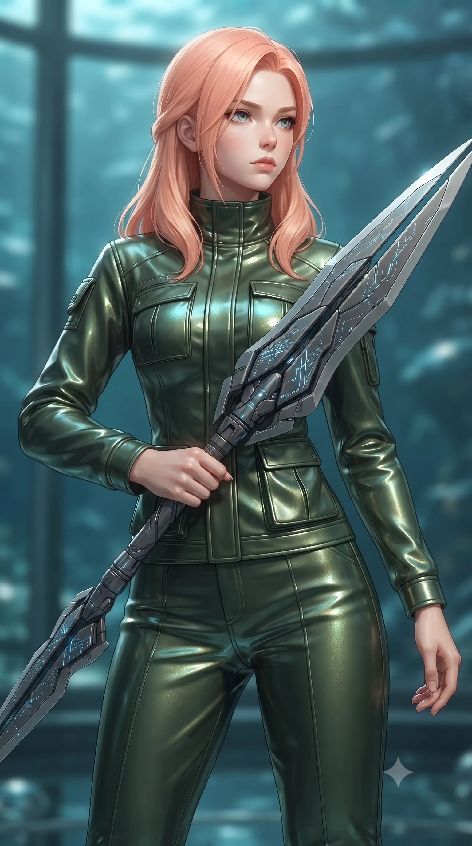 score_9, masterpiece, best quality, ultra-detailed, high-budget anime keyframe, editorial fashion photography, tasteful artistic composition, Japanese woman. close-up cowboy shot from the waist and thighs up, the character dominates the composition, filling the frame with her large presence, background elements kept in soft focus. holding a deactivated nanotech glaive, looking past the camera with quiet, sharp focus and a composed expression, the background shows a soft-focus a sub-oceanic reef base with glass walls facing a sea of liquid chrome. She has an exceptionally elegant, slender, and willowy female figure with an ultra-slim waist, a gracefully sculpted slender torso, and a refined silhouette. sharp v-shaped jawline, high-bridge nose, intricate jewel-like eyes with depth, thick eyelashes, glossy lips with a natural sheen. wearing a form-contouring protective combat pilot jacket in deep olive green, featuring a high collar, utility pockets, and straight-fit trousers. shifting aqua-blue starlight refracting through mercury waves onto her form. ultra-reflective glossy finish, specular highlights, metallic sheen, high-contrast stereoscopic depth, volumetric dynamic lighting, 2k, ultra detail, master piece, 9:16 ratio