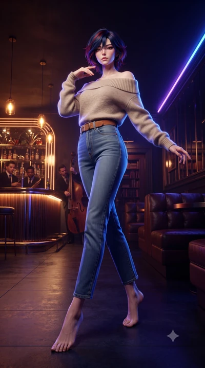 score_9, masterpiece, best quality, ultra-detailed, high-budget anime keyframe, editorial fashion photography, tasteful artistic composition, Korean woman. low angle full-body shot from head to toe showing her feet, filling the entire 9:16 vertical f