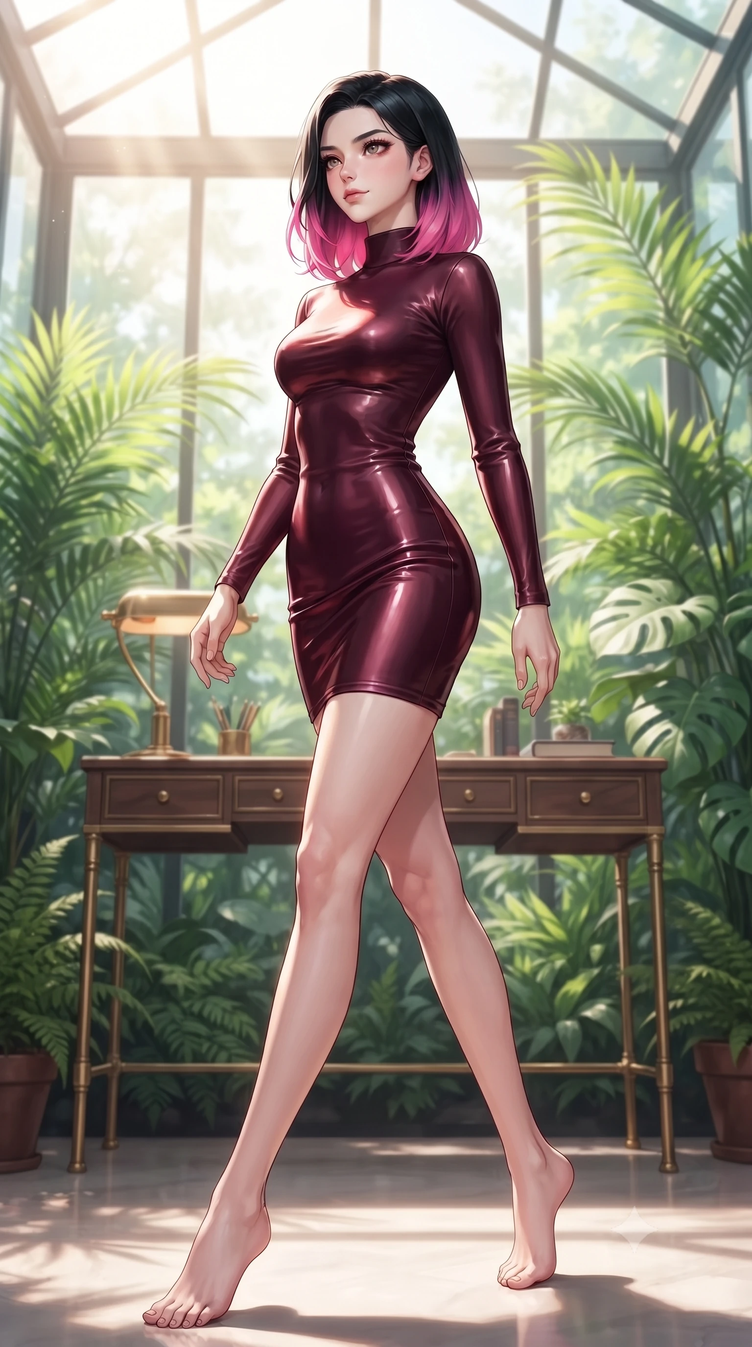 score_9, masterpiece, best quality, ultra-detailed, high-budget anime keyframe, editorial fashion photography, tasteful artistic composition, Korean woman. low angle full-body shot from head to toe showing her feet, filling the entire 9:16 vertical frame with her statuesque presence, stretching her vertical silhouette. stepping gracefully while looking back over her shoulder, her dress draped tightly to reveal her silhouette the background shows a soft-focus a quiet writing desk in a sunroom, facing a tropical botanical garden. She has an absolutely perfect, statuesque 8.5-heads proportion, an exceptionally tall and slender model-like female figure with impossibly long slender legs and an ultra-slim waist. sharp v-shaped jawline, high-bridge nose, intricate jewel-like eyes with depth, thick eyelashes, glossy lips with a natural sheen. wearing a slim-fit form-contouring bodycon sweater dress in deep burgundy, featuring a snug mock-neck. bright morning sun rays creating fresh and energetic shadows. ultra-reflective glossy finish, specular highlights, metallic sheen, high-contrast stereoscopic depth, volumetric dynamic lighting, 2k, ultra detail, master piece, 9:16 ratio