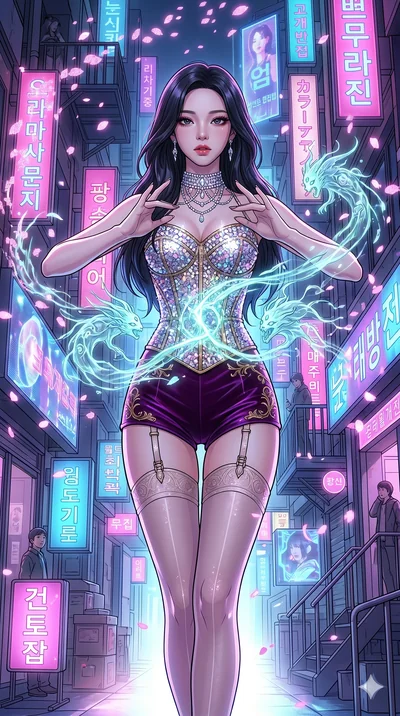 score_9, masterpiece, best quality, ultra-detailed, high-budget anime movie keyframe, cinematic anime lighting, intricate line art, Korean woman. Low angle cowboy shot filling the entire 9:16 frame with her statuesque presence. summoning mystical spi