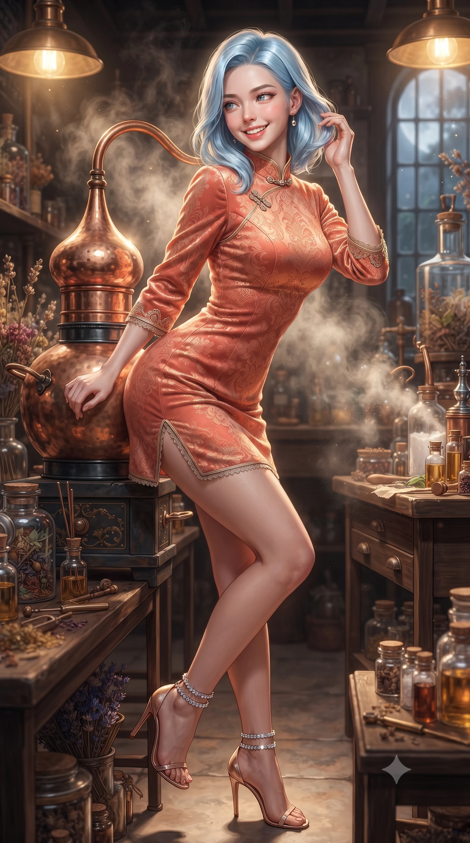 score_9, masterpiece, best quality, ultra-detailed, high-budget anime keyframe, editorial fashion photography, tasteful artistic composition, Korean woman. close-up cowboy shot from the waist and thighs up, the character dominates the composition, filling the frame with her large presence. gently brushing a lock of hair behind her ear while casting a playful, flirtatious side-gaze with long eyelashes while leaning against the antique polished copper distillation alembic with hips cocked back, looking through fragrant botanical mist with bedroom-eyes. The surrounding environment is rendered in vivid detail and crisp panoramic clarity: detailed outfit tailoring, delicate trims, and artisanal perfumery craft in razor-sharp precision. She has an exceptionally elegant, slender, and willowy female figure with an ultra-slim waist, flat toned midriff, narrow ribcage, and sculpted feminine hips creating an alluring, slim hourglass silhouette without bulk. sharp v-shaped jawline, high-bridge nose, intricate jewel-like sparkling eyes with depth, thick eyelashes, glossy parted lips with a natural peach sheen, bright cheerful beaming smile with an enchanting and coquettish sensual glint, exuding both youthful cute charm and seductive allure, flawlessly proportioned anatomical accuracy, strict slender model proportions, natural body alignment, perfectly sculpted long slender limbs, ultra-slim waistline, clean dynamic posture without body distortion. wearing a refined high-collar French jacquard brocade shift dress with bracelet sleeves in Palm Springs desert sunset coral and warm honey champagne, tailored from ultra-plush silk velvet with rich tactile depth and deep shadow gradients, complemented by strappy stiletto sandals with crystal ankle wraps accentuating her slender calves, the bespoke structured tailoring following the natural line of her 8.5-heads silhouette with refined elegance. bathed in the warm golden 2500K glow of antique brass factory lamps mixed with silver moonlight through glass. ultra-reflective glossy finish, specular highlights, rich textural contrasts, high-contrast stereoscopic depth, volumetric dynamic lighting, 2k, ultra detail, master piece, 9:16 ratio