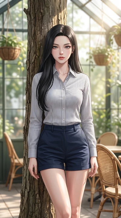 score_9, masterpiece, best quality, ultra-detailed, high-budget anime keyframe, editorial fashion photography, tasteful artistic composition, Korean woman woman. close-up cowboy shot from the waist and thighs up, the character dominates the compositi