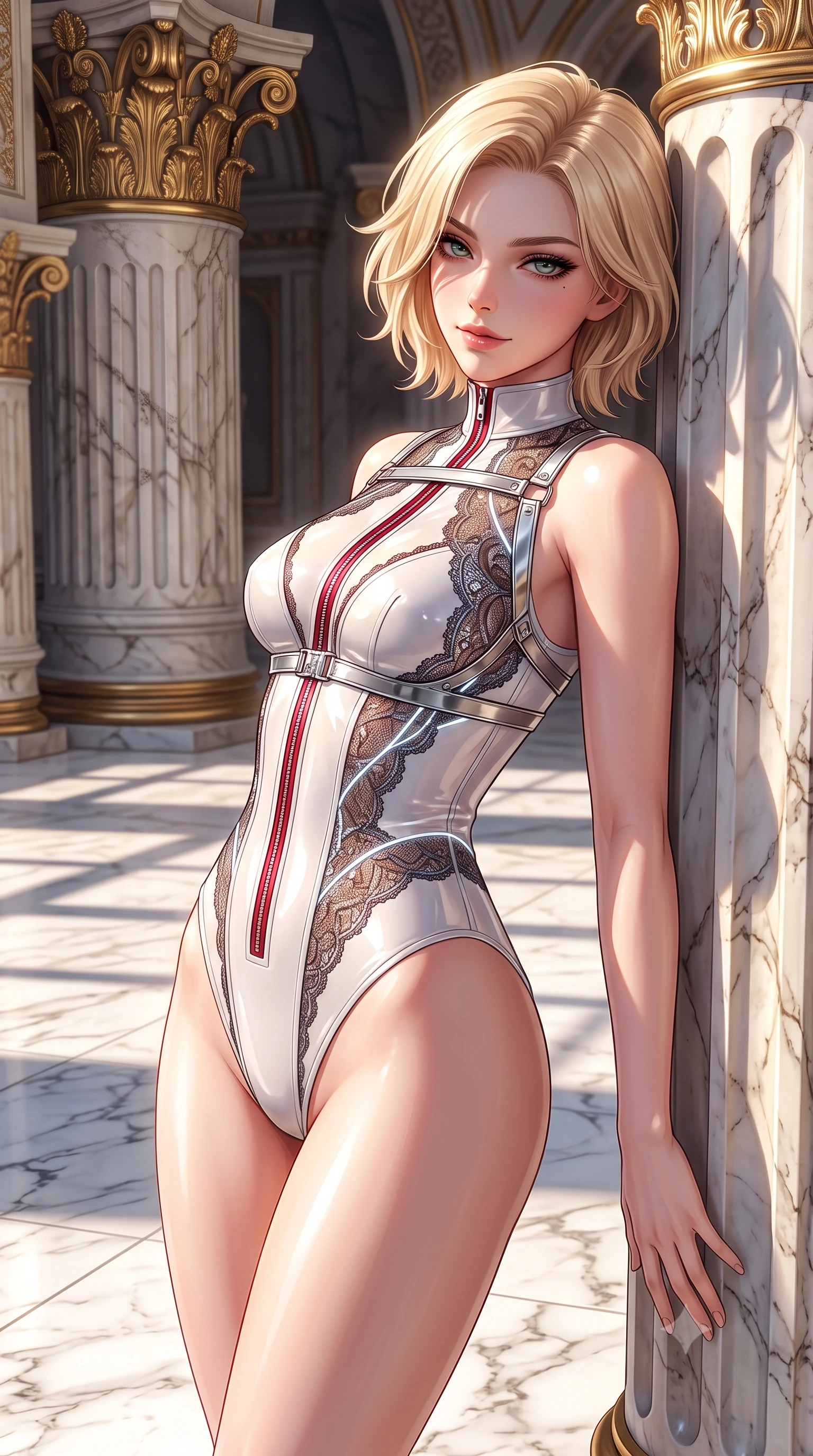 score_9, masterpiece, best quality, ultra-detailed, high-budget anime keyframe, semi-realistic 3D game render, editorial fashion photography, tasteful artistic composition, Caucasian woman. close-up cowboy shot from the waist and thighs up, the character dominates the composition, filling the frame with her large presence. stretching forward with an alluring arch of her spine, glancing over her shoulder with thick eyelashes and a smoldering half-smile while resting against an intricately carved marble column with a sovereign, captivating smile looking directly into the lens. The surrounding environment is rendered in vivid detail and crisp panoramic clarity. intricate gold leaf column capitals, polished white marble floor veins, and sharp architectural shadows in deep focus. She has an exceptionally elegant, slender, and willowy female figure with an ultra-slim waist, a gracefully sculpted slender torso, toned flat midriff, and a refined slim silhouette. sharp v-shaped jawline, high-bridge nose, intricate jewel-like eyes with depth, thick eyelashes, glossy lips with a natural sheen, flawlessly proportioned anatomical accuracy, strict slender model proportions, natural body alignment, perfectly sculpted long slender limbs, ultra-slim waistline, clean dynamic posture without body distortion. wearing a glossy white second-skin latex bodysuit with high-thigh cuts, exposed clavicle neckline, and gleaming zipper details in radiant crimson silk and crisp snow white, crafted from delicate dark lace interwoven with luminescent micro-fibers, reinforced by a sleek metallic chrome harness and delicate glowing micro-straps, the form-contouring material adhering flawlessly to her sculpted flat midriff and slender torso, emphasizing her long leg lines and perfectly proportioned willowy build. surrounded by a majestic, radiant, and intensely alluring solar goddess atmosphere. highly saturated vibrant anime colors, detailed shading with soft gradients, rich glossy textures, high-contrast stereoscopic depth, volumetric dynamic lighting, master piece, 9:16 ratio