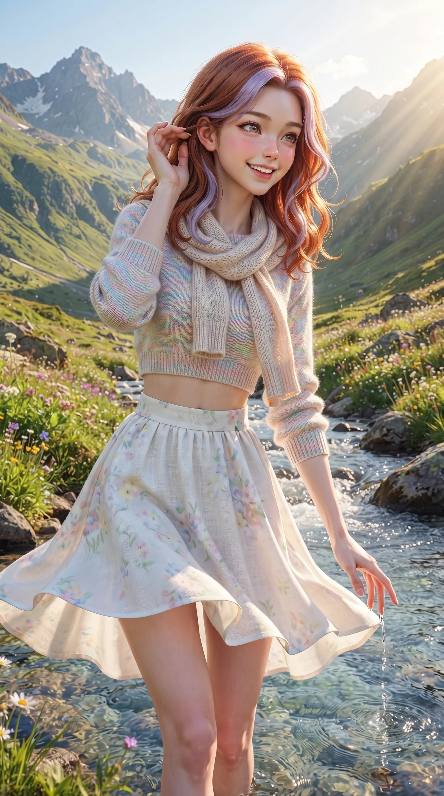 score_9, masterpiece, best quality, ultra-detailed, high-budget anime keyframe, editorial fashion photography, tasteful artistic composition, Caucasian woman. close-up cowboy shot from the waist and thighs up, the character dominates the composition, filling the frame with her large presence. tilting her head with a cute, youthful grin while brushing a stray strand of hair behind her ear with slender fingers while dipping her fingertips playfully into a crystal-clear glacial mountain stream, her expression sparkling with pure delight. The surrounding environment is rendered in vivid detail and crisp panoramic clarity. rich alpine landscape chiaroscuro and breathtaking mountain wilderness captured with crisp environmental precision. She has an exceptionally elegant, slender, and willowy female figure with an ultra-slim waist, a gracefully sculpted slender torso, toned flat midriff, and a refined slim silhouette. sharp v-shaped jawline, high-bridge nose, intricate jewel-like eyes with depth, thick eyelashes, glossy lips with a natural sheen, pure and lovely fresh girlhood expression, flawlessly proportioned anatomical accuracy, strict slender model proportions, natural body alignment, perfectly sculpted long slender limbs, ultra-slim waistline, clean dynamic posture without body distortion. wearing a stylish cropped pastel knit pullover paired with a high-waisted flowy A-line linen skirt in fresh alpine white with subtle pastel floral accents, crafted from soft breathable linen that flutters gently in the breeze, finished with a lightweight knitted scarf draped loosely around her neck, the chic real-way fashion cut emphasizing her effortless charm, flat midriff, and slender model proportions. illuminated by warm golden sunbeams streaming across lush green mountain slopes. ultra-reflective glossy finish, specular highlights, rich natural textures, high-contrast stereoscopic depth, volumetric dynamic lighting, 2k, ultra detail, master piece, 9:16 ratio