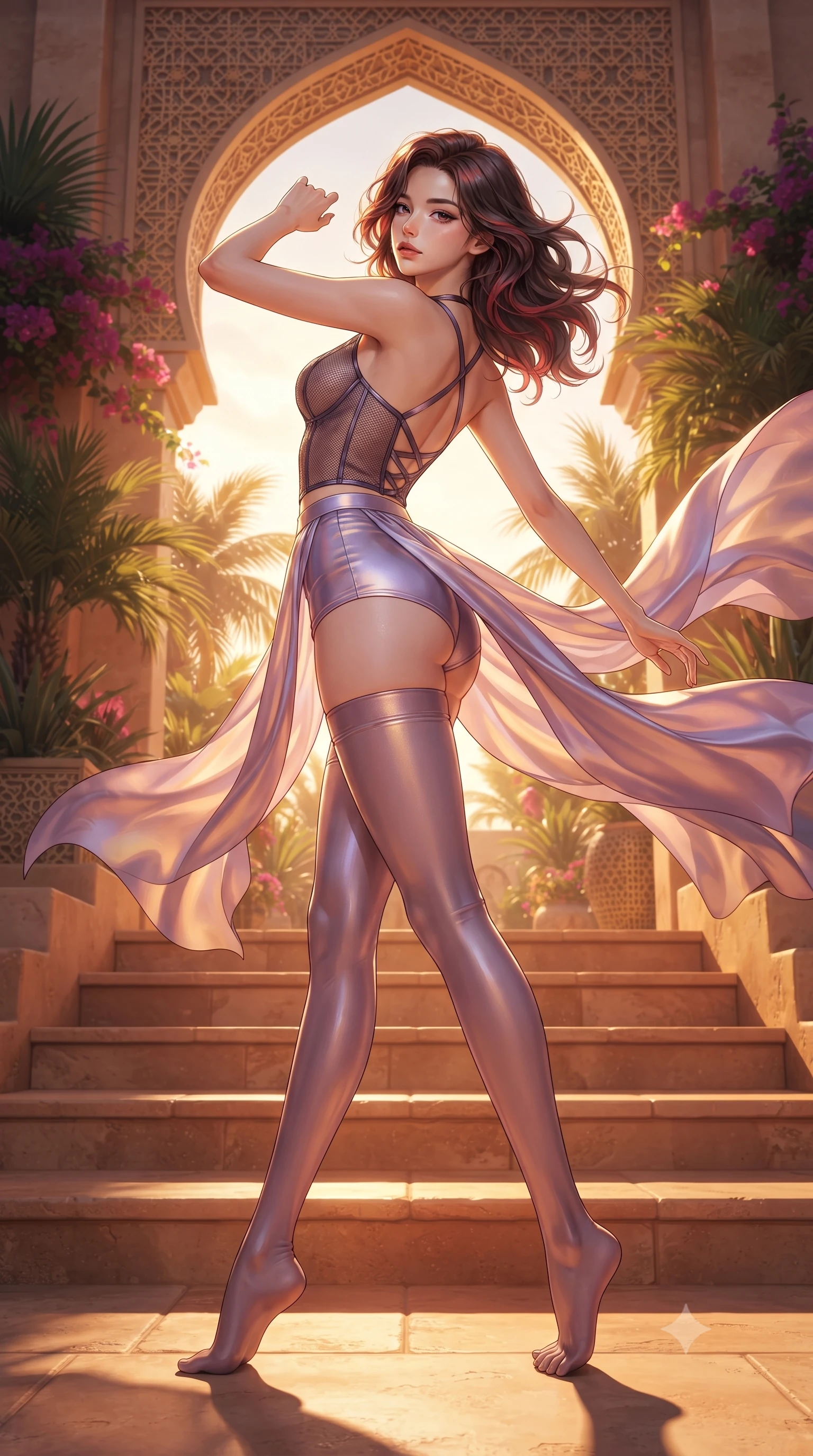 score_9, masterpiece, best quality, ultra-detailed, high-budget anime keyframe, editorial fashion photography, tasteful artistic composition, Korean woman. low angle full-body shot from head to toe showing her feet, filling the entire 9:16 vertical frame with her statuesque presence, stretching her vertical silhouette. arching her back in a fluid zero-gravity turn with sovereign grace, her long slender legs and sculpted torso creating a sweeping line while pivoting dynamically on warm sandstone terrace steps as sheer silk drapes billow around her in the warm breeze. The surrounding environment is rendered in vivid detail and crisp panoramic clarity. vibrant high-contrast warm lighting and exotic desert luxury design rendered in panoramic precision. She has an absolutely perfect, statuesque 8.5-heads proportion, an exceptionally tall and slender model-like female figure with impossibly long slender legs, a toned flat midriff, and an ultra-slim waist. sharp v-shaped jawline, high-bridge nose, intricate jewel-like eyes with depth, thick eyelashes, glossy lips with a natural sheen, flawlessly proportioned anatomical accuracy, strict slender model proportions, natural body alignment, perfectly sculpted long slender limbs, ultra-slim waistline, clean dynamic posture without body distortion. wearing a delicate see-through dark mesh top with structured cup boning, paired with high-cut micro-shorts and thigh-high stockings in luminous lavender violet and rose gold, made of smooth iridescent silk chiffon that shifts colors with movement, complemented by criss-cross back straps highlighting her completely bare spine, the sleek second-skin cut tightly hugging her graceful clavicle, narrow waist, and feminine curves with athletic precision. surrounded by an exotic, romantic, and intensely magnetic royal oasis luxury aura. ultra-reflective glossy finish, specular highlights, metallic sheen, high-contrast stereoscopic depth, volumetric dynamic lighting, 2k, ultra detail, master piece, 9:16 ratio