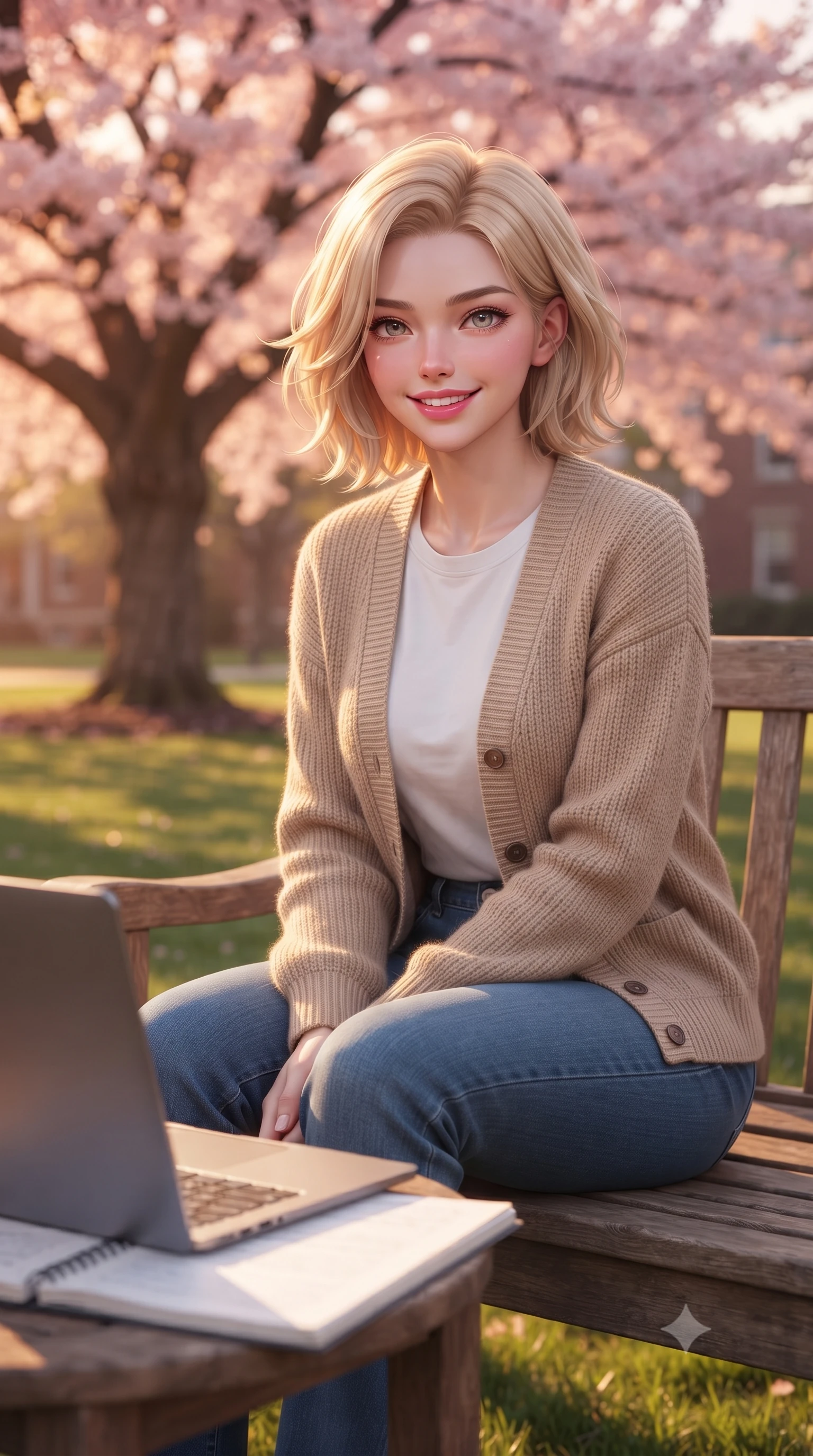 score_9, masterpiece, best quality, ultra-detailed, high-budget anime keyframe, editorial fashion photography, tasteful artistic composition, Caucasian woman. close-up cowboy shot from the waist and thighs up, the character dominates the composition, filling the frame with her large presence, background elements kept in soft focus. smiling with cute and bright self-assurance, looking directly at the viewer set against a soft-focus background of sitting on a wooden bench under a large, blooming cherry blossom tree on a college campus lawn with a laptop and open notebooks arranged on a wooden table. She has an exceptionally elegant, slender, and willowy female figure with an ultra-slim waist, a gracefully sculpted slender torso, and a refined silhouette. sharp v-shaped jawline, high-bridge nose, intricate jewel-like eyes with depth, thick eyelashes, glossy lips with a natural sheen. wearing tailored cozy knit cardigan in beige, layered over a casual white tee and tailored blue denim pants. golden hour sunset light casting a peaceful, cozy orange wash across the lawns. ultra-reflective glossy finish, specular highlights, metallic sheen, high-contrast stereoscopic depth, volumetric dynamic lighting, 2k, ultra detail, master piece, 9:16 ratio