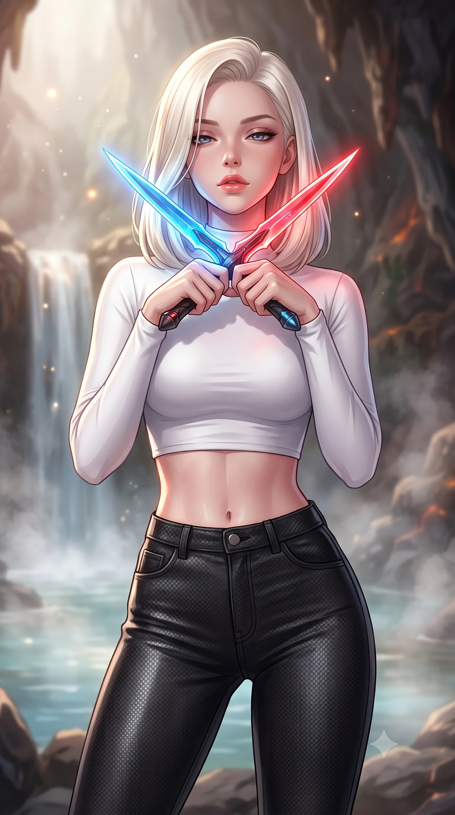 score_9, masterpiece, best quality, ultra-detailed, high-budget anime keyframe, editorial fashion photography, tasteful artistic composition, Caucasian woman. close-up cowboy shot from the waist and thighs up, the character dominates the composition, filling the frame with her large presence, background elements kept in soft focus. holding two energy daggers crossed in front of her elegant collarbone, casting a heavy-lidded, sultry look, the background shows a soft-focus a waterfall hot spring inside a volcanic glass cavern with mineral steam. She has an exceptionally elegant, slender, and willowy female figure with an ultra-slim waist, a gracefully sculpted slender torso, and a refined silhouette. sharp v-shaped jawline, high-bridge nose, intricate jewel-like eyes with depth, thick eyelashes, glossy lips with a natural sheen. wearing a form-contouring body-hugging long-sleeve tactical crop top in pure white, paired with high-waisted black carbon-weave skinny pants. soft morning mist diffusing the warm starlight, creating a tranquil atmosphere. highly saturated vibrant anime colors, detailed shading with soft gradients, rich glossy textures, high-contrast stereoscopic depth, volumetric dynamic lighting, master piece, 9:16 ratio