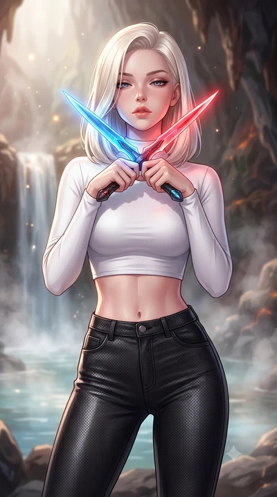 score_9, masterpiece, best quality, ultra-detailed, high-budget anime keyframe, editorial fashion photography, tasteful artistic composition, Caucasian woman. close-up cowboy shot from the waist and thighs up, the character dominates the composition,