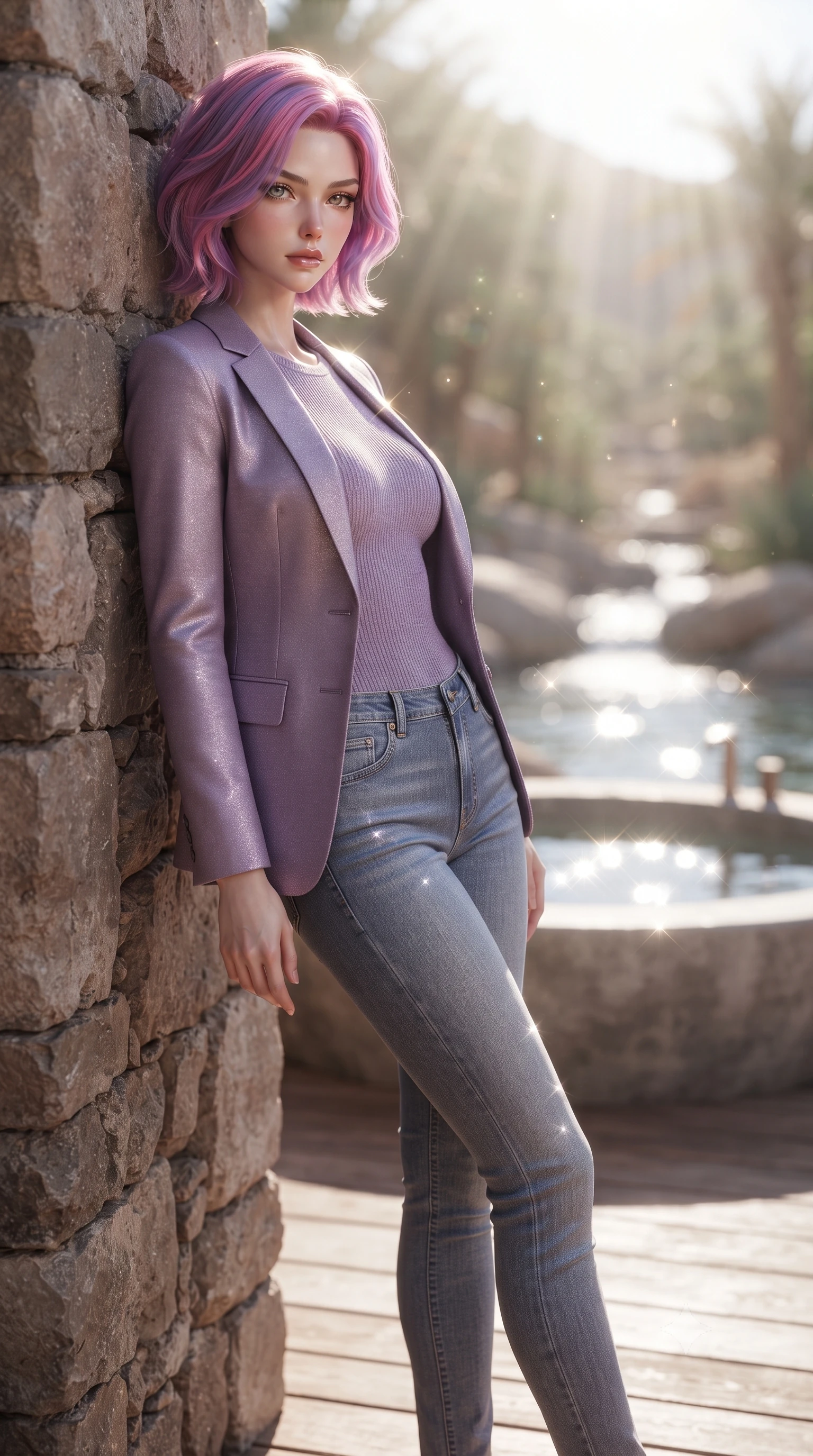 score_9, masterpiece, best quality, ultra-detailed, high-budget anime keyframe, editorial fashion photography, tasteful artistic composition, Caucasian woman. low angle full-body shot from head to toe showing her feet, filling the entire 9:16 vertical frame with her statuesque presence, stretching her vertical silhouette. leaning back against a rustic stone wall, casting a slow, alluring gaze at the camera the background shows a soft-focus a stone bath tub on a private deck overlooking a quiet desert oasis stream. She has an absolutely perfect, statuesque 8.5-heads proportion, an exceptionally tall and slender model-like female figure with impossibly long slender legs and an ultra-slim waist. sharp v-shaped jawline, high-bridge nose, intricate jewel-like eyes with depth, thick eyelashes, glossy lips with a natural sheen. wearing a tailored tight-fitting lavender knit bodysuit worn under a tailored open blazer and jeans. bright morning sun rays creating sparkling glints on the water and her form. ultra-reflective glossy finish, specular highlights, metallic sheen, high-contrast stereoscopic depth, volumetric dynamic lighting, 2k, ultra detail, master piece, 9:16 ratio