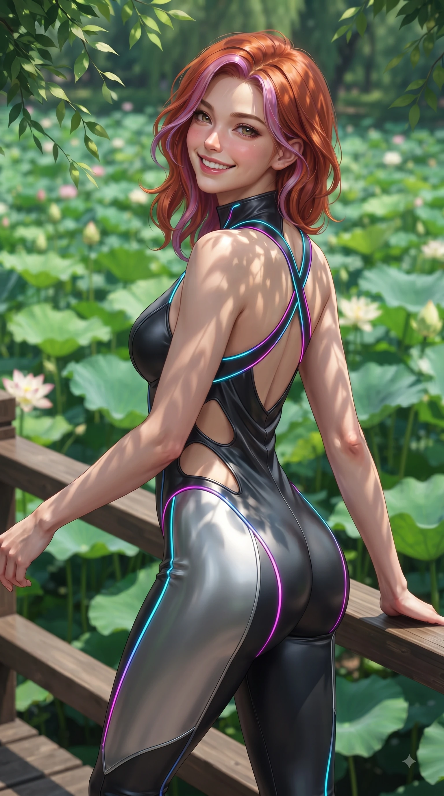 score_9, masterpiece, best quality, ultra-detailed, high-budget anime keyframe, editorial fashion photography, tasteful artistic composition, Caucasian woman. close-up cowboy shot from the waist and thighs up, the character dominates the composition, filling the frame with her large presence, background elements kept in soft focus. Radiant youthful grin reflecting college charm while casting a playful, joyful side-gaze with heavy lashes while pivoting dynamically on a wooden bridge over a lotus pond with a radiant beaming smile, rich emerald, jade, and lime green plant textures framing her youthful posture. She has an exceptionally elegant, slender, and willowy female figure with an ultra-slim waist, a gracefully sculpted slender torso, and a refined silhouette. sharp v-shaped jawline, high-bridge nose, intricate jewel-like eyes with depth, thick eyelashes, glossy lips with a natural sheen, flawlessly proportioned anatomical accuracy, natural body alignment, perfectly sculpted elegant limbs, clean dynamic posture without body distortion. wearing a skin-tight cybernetic bodysuit with glowing neon seams and side cutouts in matte black and polished silver, crafted from lustrous satin jersey with fluid draping, complemented by criss-cross back straps highlighting her bare shoulders, the tailored fabric tightly following every curve of her athletic build. illuminated by clear sunbeams casting organic leaf stencil shadows across her skin. ultra-reflective glossy finish, specular highlights, metallic sheen, high-contrast stereoscopic depth, volumetric dynamic lighting, 2k, ultra detail, master piece, 9:16 ratio