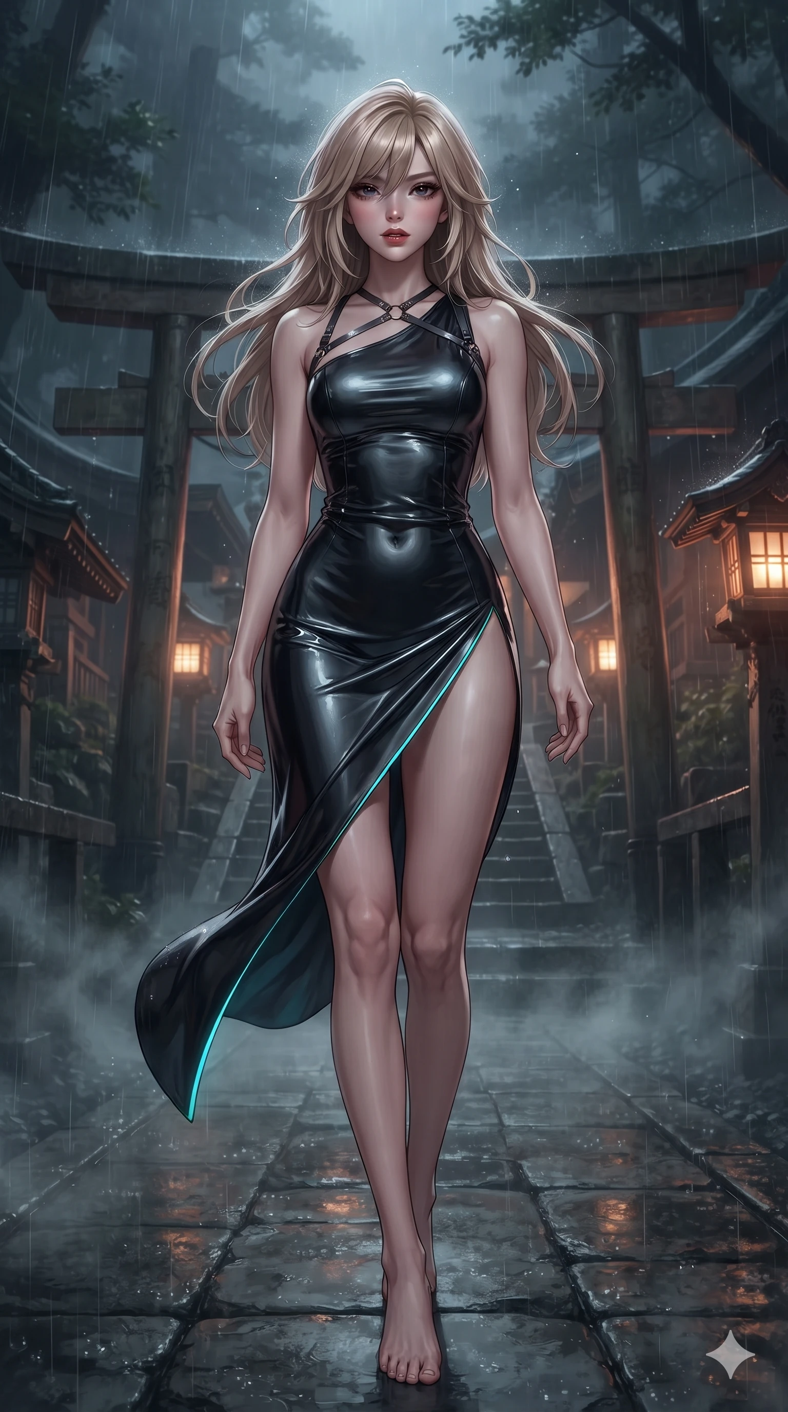 score_9, masterpiece, best quality, ultra-detailed, high-budget anime keyframe, editorial fashion photography, tasteful artistic composition, Japanese woman. low angle full-body shot from head to toe showing her feet, filling the entire 9:16 vertical frame with her statuesque presence, stretching her vertical silhouette. striding across the rain-swept glass terrace, nocturnal breezes whipping her garments open to accentuate her long slender legs and curvy hips while standing tall on the mist-shrouded stone pathway, arching her spine with sovereign siren grace as midnight sea winds whip through her hair. The surrounding environment is rendered in vivid detail and crisp panoramic clarity: detailed sheer dark chiffon gown drape, gunmetal harness structure, and traditional shrine craftsmanship in razor-sharp precision. She has an absolutely perfect, statuesque 8.5-heads proportion, an exceptionally tall and slender model-like female figure with impossibly long slender legs, an ultra-slim waist, a flat toned midriff, narrow delicate ribcage, and beautifully sculpted feminine hips creating a graceful, slim hourglass silhouette without any bulky heaviness. sharp v-shaped jawline, high-bridge nose, intricate jewel-like dark sparkling eyes with hypnotic seductive depth, thick curled eyelashes, glossy parted lips with a natural wine sheen, alluring bedroom-eyes with an enigmatic smoldering smile, exuding magnetic sovereign charisma and dark avant-garde glamour, flawlessly proportioned anatomical accuracy, strict slender model proportions, natural body alignment, perfectly sculpted long slender limbs, ultra-slim waistline, clean dynamic posture without body distortion. wearing an asymmetric one-shoulder metallic patent leather mini dress with a dramatic side slit hugging her hips in neon cyan edge-glow and dark carbon black, made of liquid dark mercury jersey with seamless sculpting hold and fluid drape, accented with a dark metallic body chain harness subtly framing her dewy collarbones and spine, accentuating her gracefully sculpted slender torso and statuesque proportions. bathed in warm dramatic lantern rays cutting through thick midnight mist contrasted with pitch-black forest shadows. ultra-reflective glossy finish, specular highlights, metallic sheen, high-contrast stereoscopic depth, volumetric dynamic lighting, 2k, ultra detail, master piece, 9:16 ratio