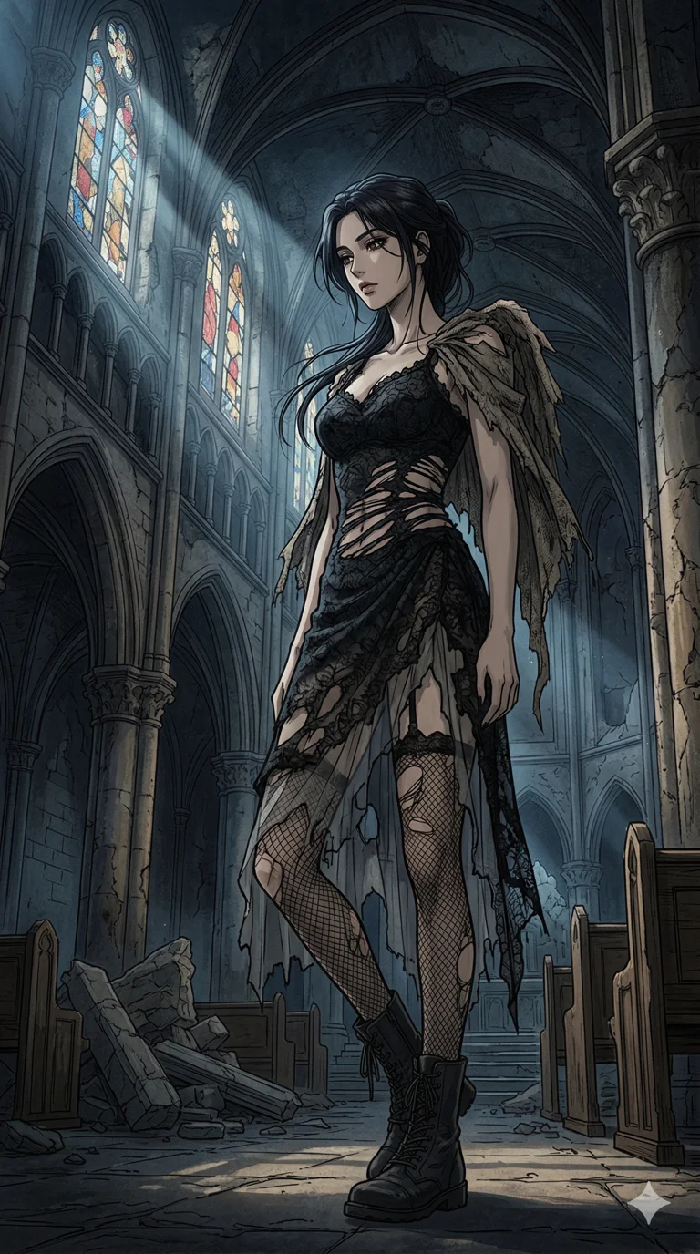 score_9, masterpiece, best quality, ultra-detailed, high-budget anime keyframe, an incredibly beautiful Korean woman. Dynamic low angle cowboy shot filling the entire 9:16 frame with her statuesque presence. She is a fallen angel resting in an abandoned cathedral. She has an absolutely perfect 8-heads proportion, an exceptionally tall and slender female figure with impossibly long slender legs and an ultra-slim waist. Her face is a flawless masterpiece with a sharp v-shaped jawline, high-bridge nose, expressive jewel-like eyes, thick eyelashes, and perfectly glossy lips. She is wearing a ragged black lace dress with sensual fishnet stockings and an exposed midriff. A ruined gothic cathedral with moonlight piercing through stained glass, dramatic shadows., 2k, ultra detail, master piece, 9:16 ratio