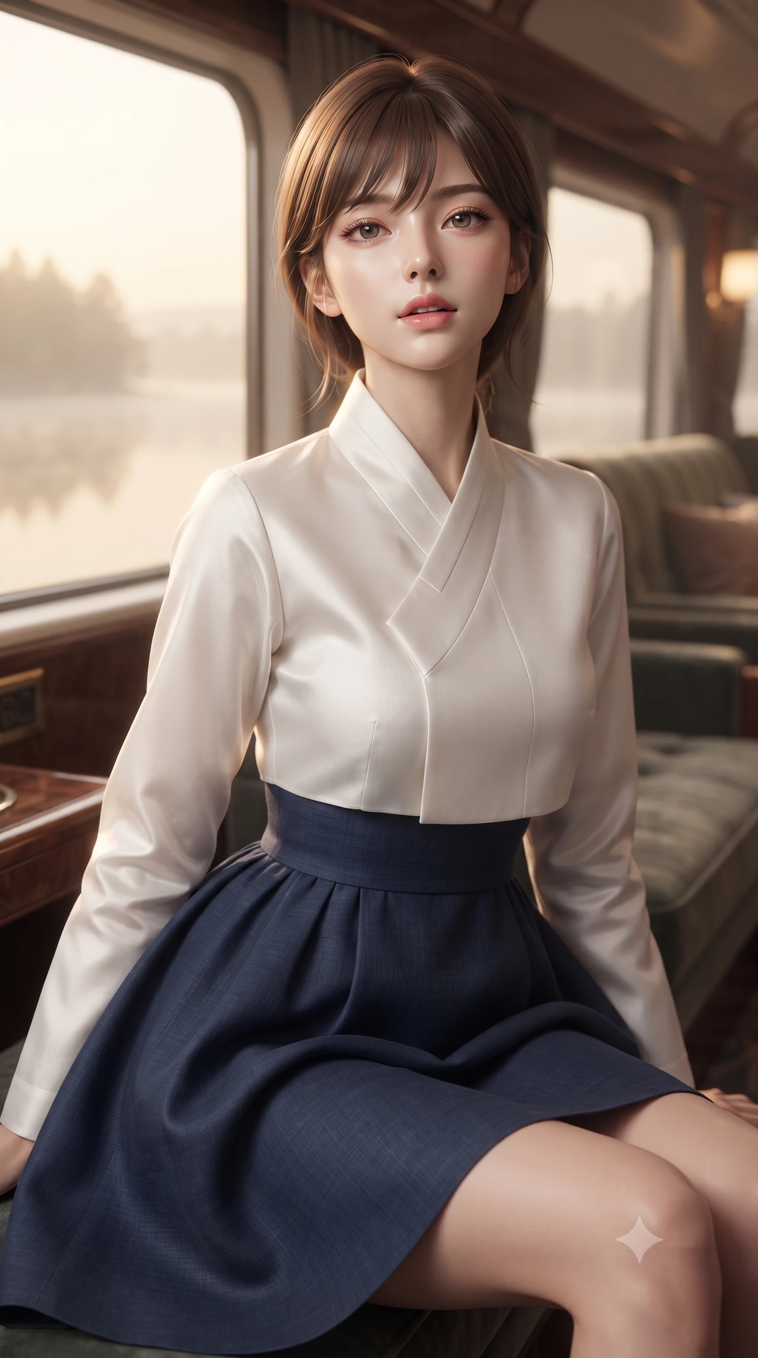 score_9, masterpiece, best quality, ultra-detailed, high-budget anime keyframe, editorial fashion photography, tasteful artistic composition, Korean woman. close-up cowboy shot from the waist and thighs up, the character dominates the composition, filling the frame with her large presence, background elements kept in soft focus. tilting her chin up slightly with lips parted in a composed, provocative expression the background shows a soft-focus the luxury lounge car of a high-speed train passing a misty lake at dawn. She has an exceptionally elegant, slender, and willowy female figure with an ultra-slim waist, a gracefully sculpted slender torso, and a refined silhouette. sharp v-shaped jawline, high-bridge nose, intricate jewel-like eyes with depth, thick eyelashes, glossy lips with a natural sheen. wearing a tailored modern fusion hanbok dress with a navy blue linen skirt and a high-neck white silk jeogori wrapper. soft morning mist diffusing the sunlight, creating a tranquil atmosphere. ultra-reflective glossy finish, specular highlights, metallic sheen, high-contrast stereoscopic depth, volumetric dynamic lighting, 2k, ultra detail, master piece, 9:16 ratio