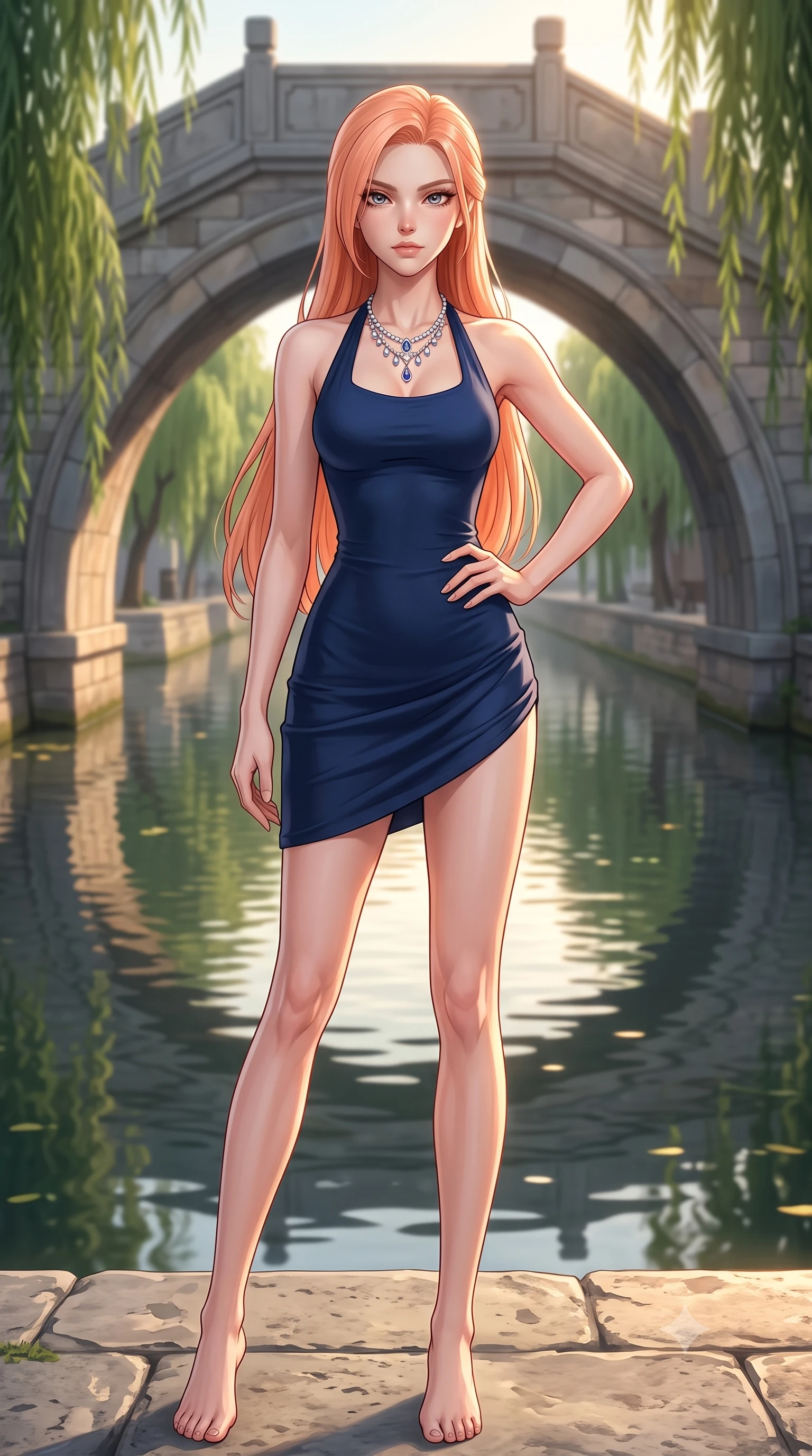 score_9, masterpiece, best quality, ultra-detailed, high-budget anime keyframe, editorial fashion photography, tasteful artistic composition, Japanese woman woman. low angle full-body shot from head to toe showing her feet, filling the entire 9:16 vertical frame with her statuesque presence, stretching her vertical silhouette. posing confidently with one hand on her hip, stretching her statuesque body to emphasize her curves the background shows a soft-focus a classic stone arch bridge over a quiet city canal, with green weeping willows lining the banks. She has an absolutely perfect, statuesque 8.5-heads proportion, an exceptionally tall and slender model-like female figure with impossibly long slender legs and an ultra-slim waist. sharp v-shaped jawline, high-bridge nose, intricate jewel-like eyes with depth, thick eyelashes, glossy lips with a natural sheen. wearing a body-hugging form-fitting halter dress in deep navy blue, contouring her athletic, slender build. late afternoon sun casting long shadows of the willows on the water. 2k, ultra detail, master piece, 9:16 ratio