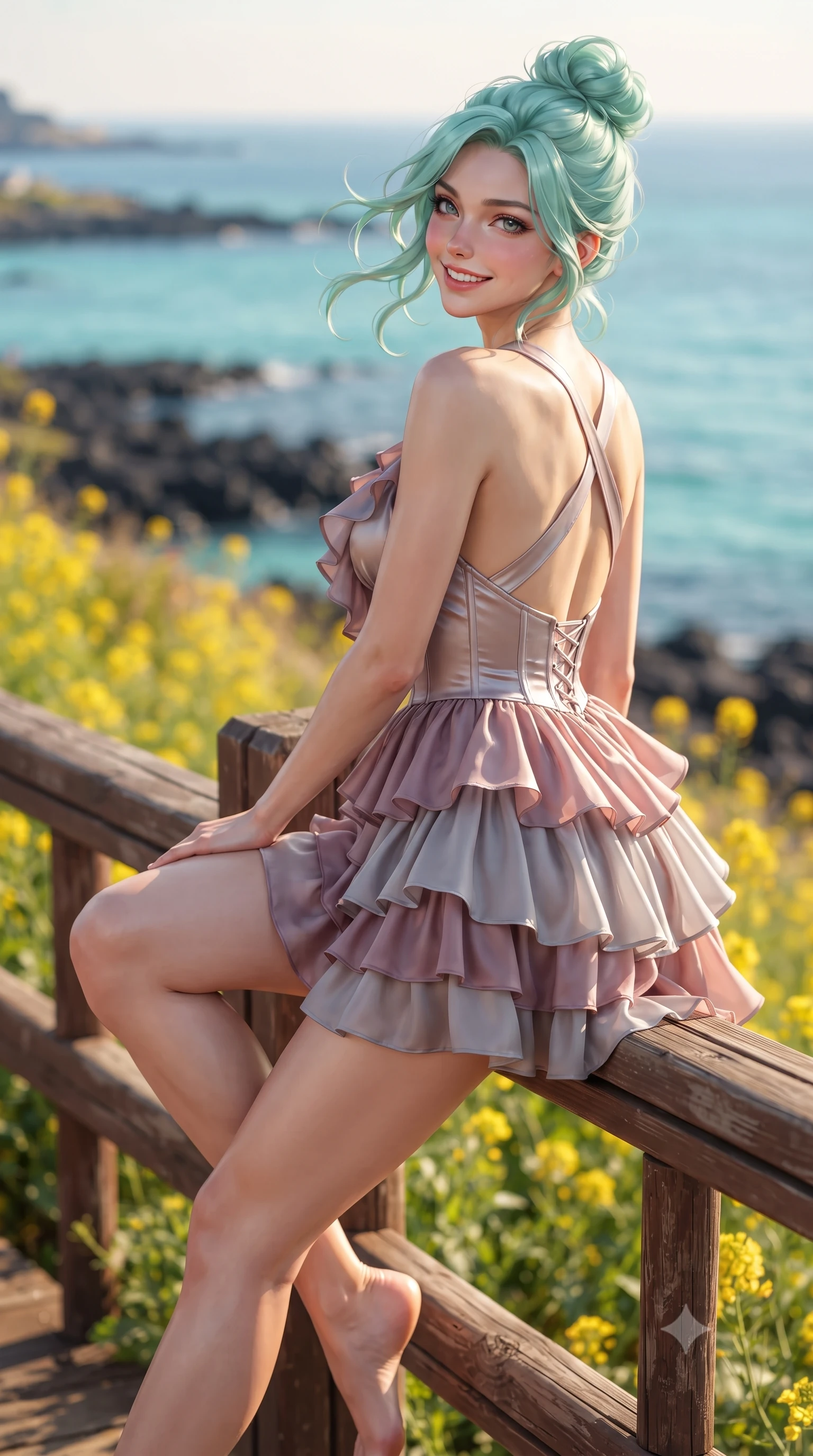 score_9, masterpiece, best quality, ultra-detailed, high-budget anime keyframe, editorial fashion photography, tasteful artistic composition, Japanese woman. low angle full-body shot from head to toe showing her feet, filling the entire 9:16 vertical frame with her statuesque presence, stretching her vertical silhouette. sitting perched on the elevated edge with legs crossed and hips angled toward the camera, displaying her toned midriff and long slender limbs with a joyful, coquettish smile while leaning against the rustic timber railing with hips cocked back, looking over her shoulder with an intoxicating, wind-kissed cute smile. The composition keeps background elements in soft focus with dreamy creamy bokeh. blooming yellow canola flower fields, dark basalt sea rocks, and crystal-clear turquoise ocean blurred into vivid gold, azure, and seafoam bokeh. She has an exceptionally tall and slender model-like 8.5-heads proportion, an ultra-slim waist, a flat toned midriff, narrow delicate ribcage, and beautifully sculpted feminine hips creating a graceful, slim hourglass silhouette without any bulky heaviness, with impossibly long slender legs. sharp v-shaped jawline, high-bridge nose, intricate jewel-like sparkling eyes with depth, thick eyelashes, glossy parted lips with a natural peach sheen, bright cheerful beaming smile with an enchanting and coquettish sensual glint, exuding both youthful cute charm and seductive allure, flawlessly proportioned anatomical accuracy, strict slender model proportions, natural body alignment, perfectly sculpted long slender limbs, ultra-slim waistline, clean dynamic posture without body distortion. wearing a tiered ruffled chiffon mini dress with a fitted corseted waist and open back in dusty rose and soft dove grey, made of smooth fluid silk satin with a delicate pearlescent sheen, finished with criss-cross back satin straps highlighting her graceful shoulder blades, the form-fitting cut adhering flawlessly to her sculpted flat midriff and slender torso, emphasizing her long leg lines and perfectly proportioned willowy build. illuminated by warm golden sunbursts sharply carving her razor-sharp jawline, narrow waist, and curvy hips. ultra-reflective glossy finish, specular highlights, rich textural contrasts, high-contrast stereoscopic depth, volumetric dynamic lighting, 2k, ultra detail, master piece, 9:16 ratio