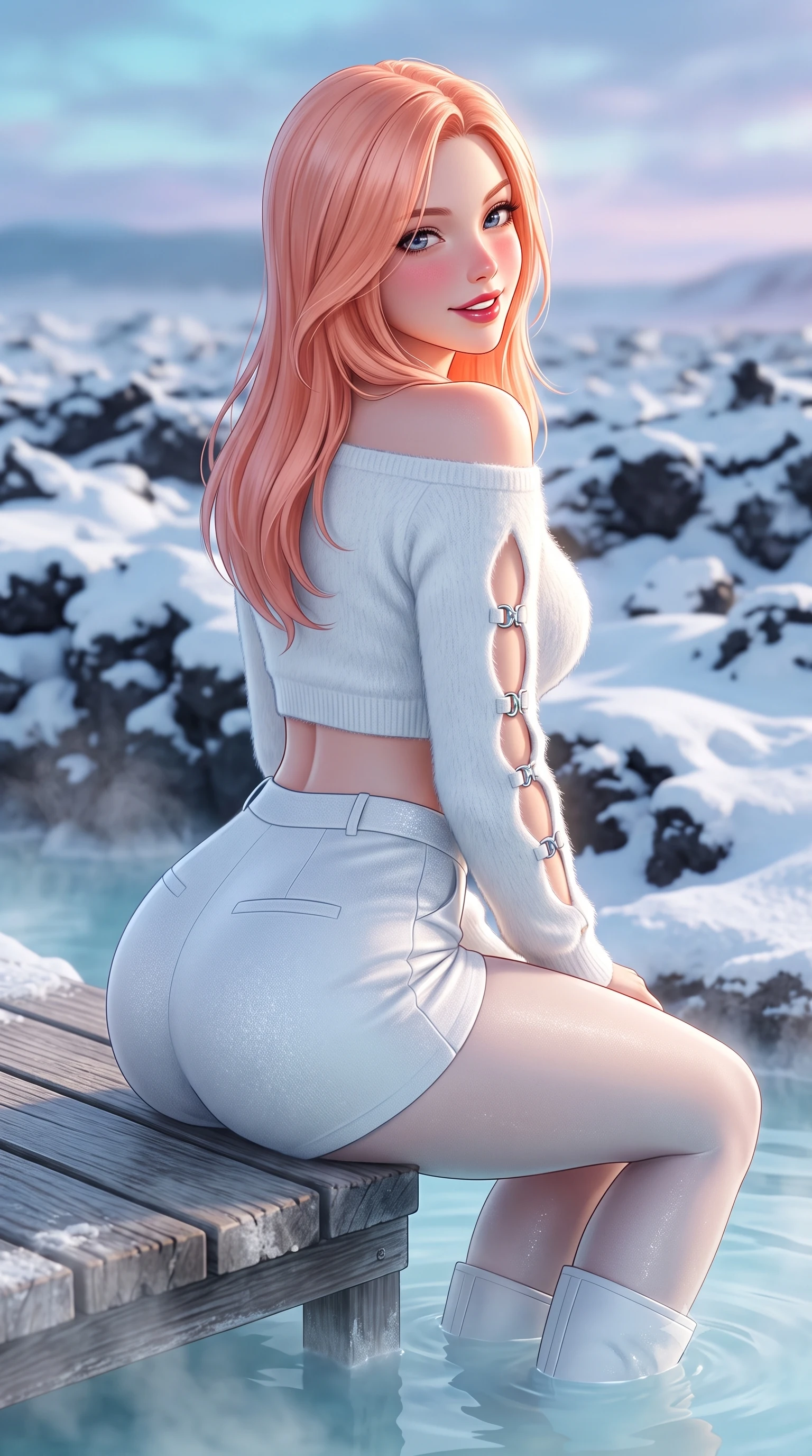 score_9, masterpiece, best quality, ultra-detailed, high-budget anime keyframe, semi-realistic 3D game render, editorial fashion photography, tasteful artistic composition, Japanese woman. close-up cowboy shot from the waist and thighs up, the character dominates the composition, filling the frame with her large presence. posing in an alluring rear three-quarter angle, turning over a bare shoulder with an intoxicating sunlit gaze, her hips cocked back to highlight her slim hourglass curve against the snow while resting on the wooden lagoon boardwalk with legs dipping into the warm water, her long slender limbs and hourglass silhouette radiating allure. The composition keeps background elements in soft focus with dreamy creamy bokeh. endless jagged snow-covered black lava fields and soft Arctic pastel winter twilight blurred into cyan, charcoal, and lavender bokeh. She has an exceptionally elegant, slender, and willowy female figure with an ultra-slim waist, flat toned midriff, narrow ribcage, and sculpted feminine hips creating an alluring, slim hourglass silhouette without bulk. sharp v-shaped jawline, high-bridge nose, sparkling ice-crystal eyes with depth, frosty thick lashes, glossy parted lips with a rosy berry sheen, bright playful smile with an intoxicating seductive glint, rosy flushed cheeks radiating cozy warmth and dangerous allure, flawlessly proportioned anatomical accuracy, strict slender model proportions, natural body alignment, perfectly sculpted long slender limbs, ultra-slim waistline, clean dynamic posture without body distortion. wearing a chic white angora cropped sweater paired with tight high-waisted tailored shorts and sheer tights in pure snowflake white and icy silver shimmer, tailored from plush brushed mohair with delicate fuzzy halo texture, accented with sculptural chrome hardware buckles framing the subtle cutouts, the form-contouring cut accentuating her sculpted flat midriff, narrow delicate ribcage, and gracefully curvy hips with alpine supermodel elegance. illuminated by milky-cyan water bounce fill and sharp silver rim lights sculpting her razor-sharp jawline, narrow waist, and curvy hips. highly saturated vibrant anime colors, detailed shading with soft gradients, rich glossy textures, high-contrast stereoscopic depth, volumetric dynamic lighting, master piece, 9:16 ratio
