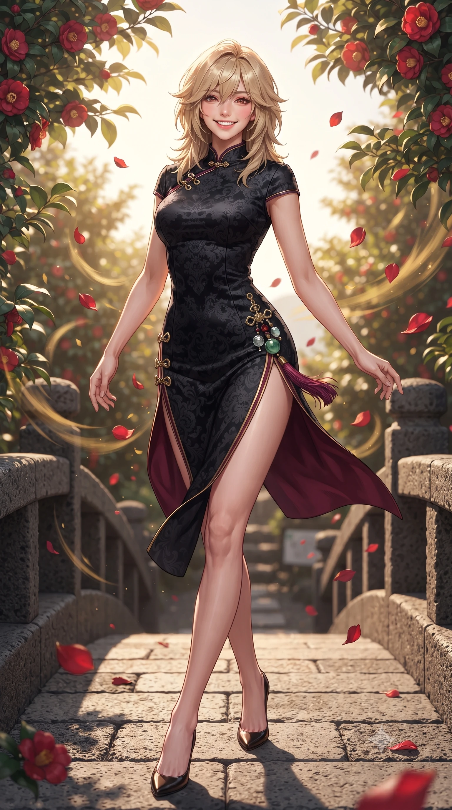 score_9, masterpiece, best quality, ultra-detailed, high-budget anime keyframe, editorial fashion photography, tasteful artistic composition, Japanese woman. low angle full-body shot from head to toe showing her feet, filling the entire 9:16 vertical frame with her statuesque presence, stretching her vertical silhouette. stepping forward gracefully across the stone bridge in mid-motion with a radiant beaming smile, hips swaying in an alluring kinetic rhythm that accentuates her curvy hourglass silhouette and long slender legs while twisting her slender torso in an alluring S-curve, falling crimson camellia petals and golden island breezes highlighting her curvy hips and waist. The surrounding environment is rendered in vivid detail and crisp panoramic clarity: sharp porous volcanic basalt textures, glossy camellia leaf surfaces, and red petal venation in deep focus. She has an absolutely perfect, statuesque 8.5-heads proportion, an exceptionally tall and slender model-like female figure with impossibly long slender legs, an ultra-slim waist, a flat toned midriff, narrow delicate ribcage, and beautifully sculpted feminine hips creating a graceful, slim hourglass silhouette without any bulky heaviness. sharp v-shaped jawline, high-bridge nose, intricate jewel-like dark sparkling almond eyes with depth, thick lashes, glossy parted lips with a natural rose-plum sheen, bright alluring and coquettish smile with bedroom-eyes, exuding both timeless oriental elegance and sovereign high-fashion allure, flawlessly proportioned anatomical accuracy, strict slender model proportions, natural body alignment, perfectly sculpted long slender limbs, ultra-slim waistline, clean dynamic posture without body distortion. wearing a form-contouring high-neck modern cheongsam mini dress in midnight black jacquard silk with daring double side hip slits in deep wine burgundy and brushed antique gold, crafted from sumptuous crushed winter velvet with deep light-absorbing plushness, finished with an ornate modern norigae tassel with polished jade and chrome charms resting on her curvy hips, the glove-like silhouette tightly following the natural contour of her hips and long slender legs with youthful 8.5-heads elegance. bathed in warm sunny island coastal light filtering through camellia trees. ultra-reflective glossy finish, specular highlights, rich textural contrasts, high-contrast stereoscopic depth, volumetric dynamic lighting, 2k, ultra detail, master piece, 9:16 ratio