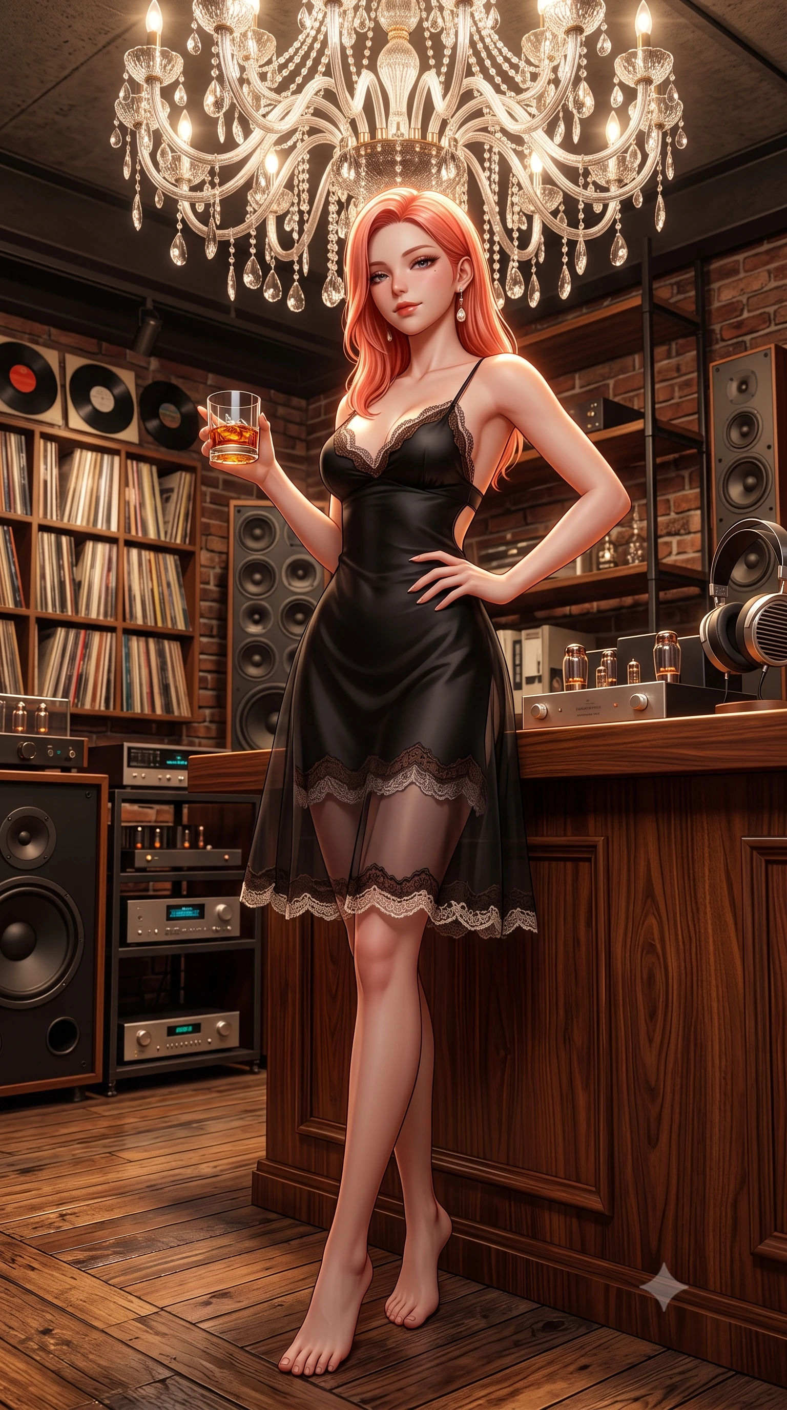 score_9, masterpiece, best quality, ultra-detailed, high-budget anime keyframe, semi-realistic 3D game render, editorial fashion photography, tasteful artistic composition, Japanese woman. low angle full-body shot from head to toe showing her feet, filling the entire 9:16 vertical frame with her statuesque presence, stretching her vertical silhouette. pausing mid-stride beneath the grand chandelier with one hand resting on her narrow waist, her arched hips and statuesque 8.5-heads presence commanding the 9:16 vertical frame while leaning against the warm wooden listening counter holding a whiskey glass, her smoldering gaze holding the lens with magnetic intensity. The surrounding environment is rendered in vivid detail and crisp panoramic clarity. detailed fabric weave, headphone metallic finish, and contemporary Hannam-dong listening lounge architecture in high clarity. She has an exceptionally tall and slender model-like 8.5-heads proportion, an ultra-slim waist, a flat toned midriff, narrow delicate ribcage, and beautifully sculpted feminine hips creating a graceful, slim hourglass silhouette without any bulky heaviness, with impossibly long slender legs. sharp v-shaped jawline, high-bridge nose, intricate jewel-like dark sparkling eyes with dangerous depth, thick curled eyelashes, glossy parted lips with a rich wine sheen, smoldering seductive half-smile with bedroom-eyes, exuding effortless superiority and intoxicating dark allure, flawlessly proportioned anatomical accuracy, strict slender model proportions, natural body alignment, perfectly sculpted long slender limbs, ultra-slim waistline, clean dynamic posture without body distortion. wearing a strappy black silk slip dress with delicate lace scallop edging along the neckline and hem in dark espresso brown and pearlescent ivory, crafted from layered gossamer black organza with weightless, smoky flutter, accented with a single dangling baroque pearl earring reflecting the amber glow, the precision-cut side openings and low-back scoop framing her graceful spine and the sensual sweep of her slim, toned hips. bathed in moody warm tube amplifier amber glow and dark walnut ambient bounce. highly saturated vibrant anime colors, detailed shading with soft gradients, rich glossy textures, high-contrast stereoscopic depth, volumetric dynamic lighting, master piece, 9:16 ratio