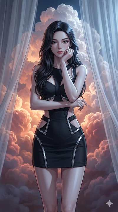 score_9, masterpiece, best quality, ultra-detailed, high-budget anime keyframe, editorial fashion photography, tasteful artistic composition, Korean woman. cowboy shot from the thighs up, character and outfit filling the frame for maximum editorial p